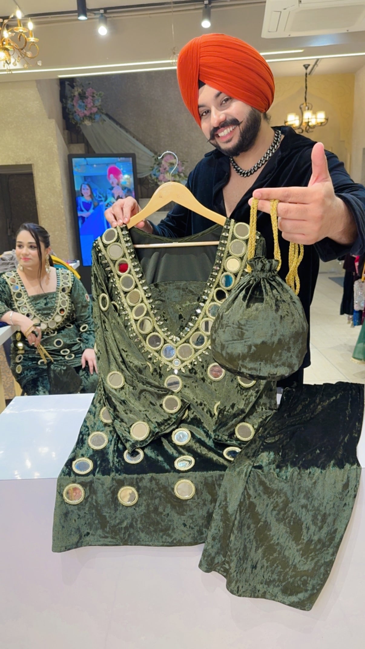 Olive Stretchable Velvet Heavy Mirror work Paplum Coord set with Stylish Potli