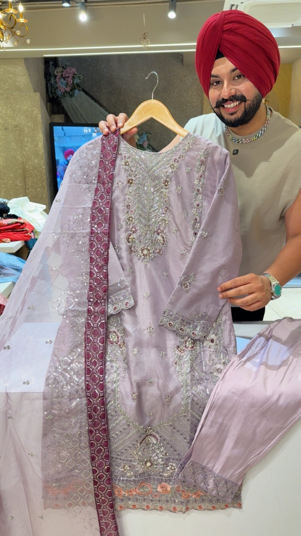 Mauve Soft Organza Fully Embroidered Party Wear suits with Beautiful heavy Duppata