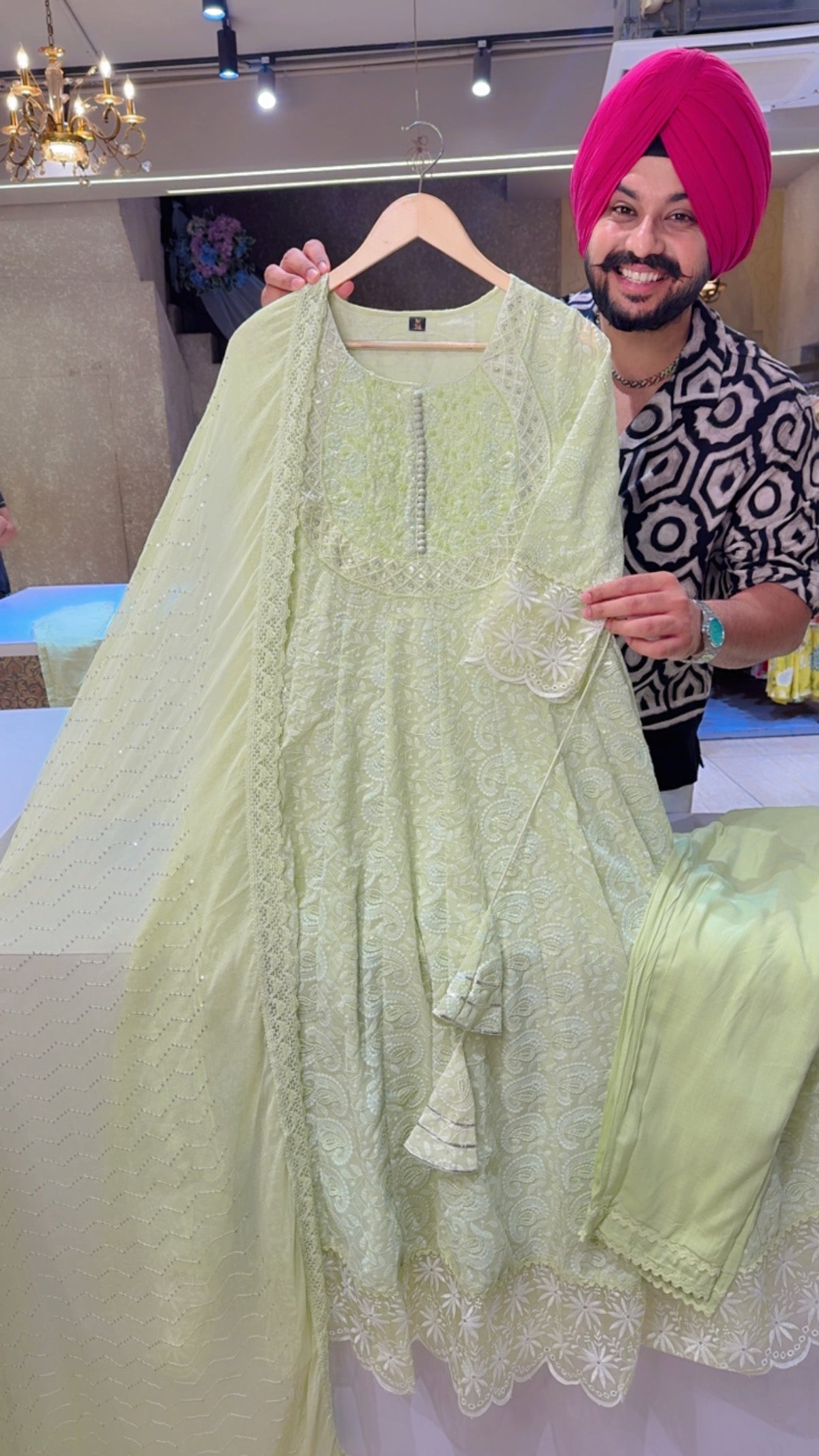 Pastel Green Georgette Self Embroidered Full Flair Anarkali Suit with Sequins Work Chiffon Duppata