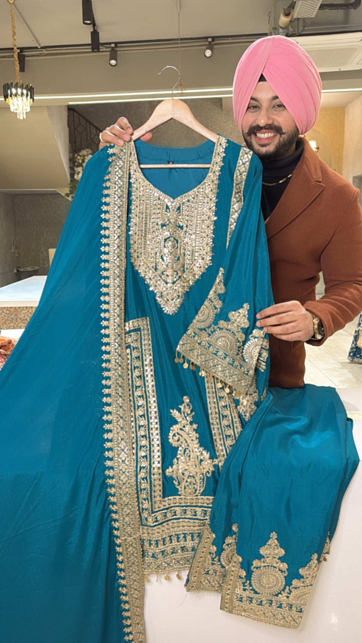 Firozi Chinon Heavy embroidered Pakistani suit with slide slit Pants