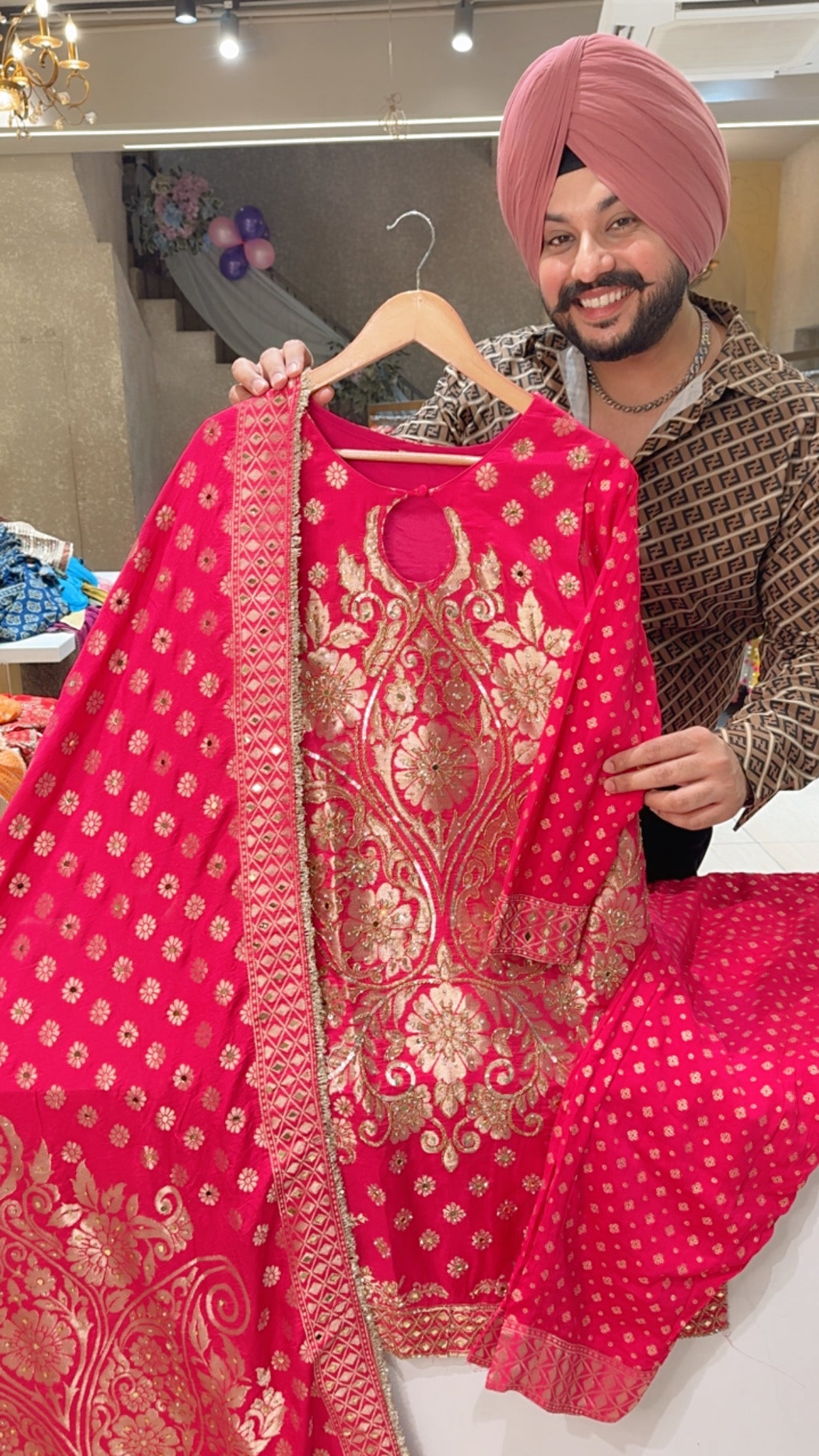 Hot Pink Chanderi Silk Heavy Hand embroidered wedding Wear Straight Suit with Beautiful Duppata