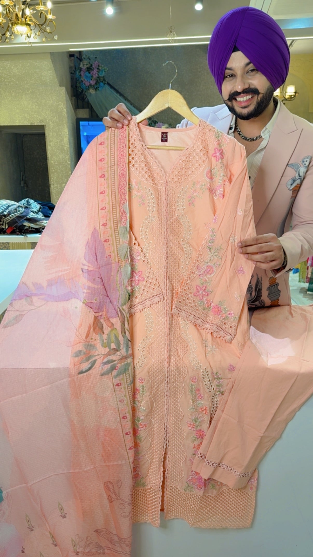 Peach Pure Cotton Embroidered & cut work Kashmiri Suit with Floral Print Kota Doria Duppata