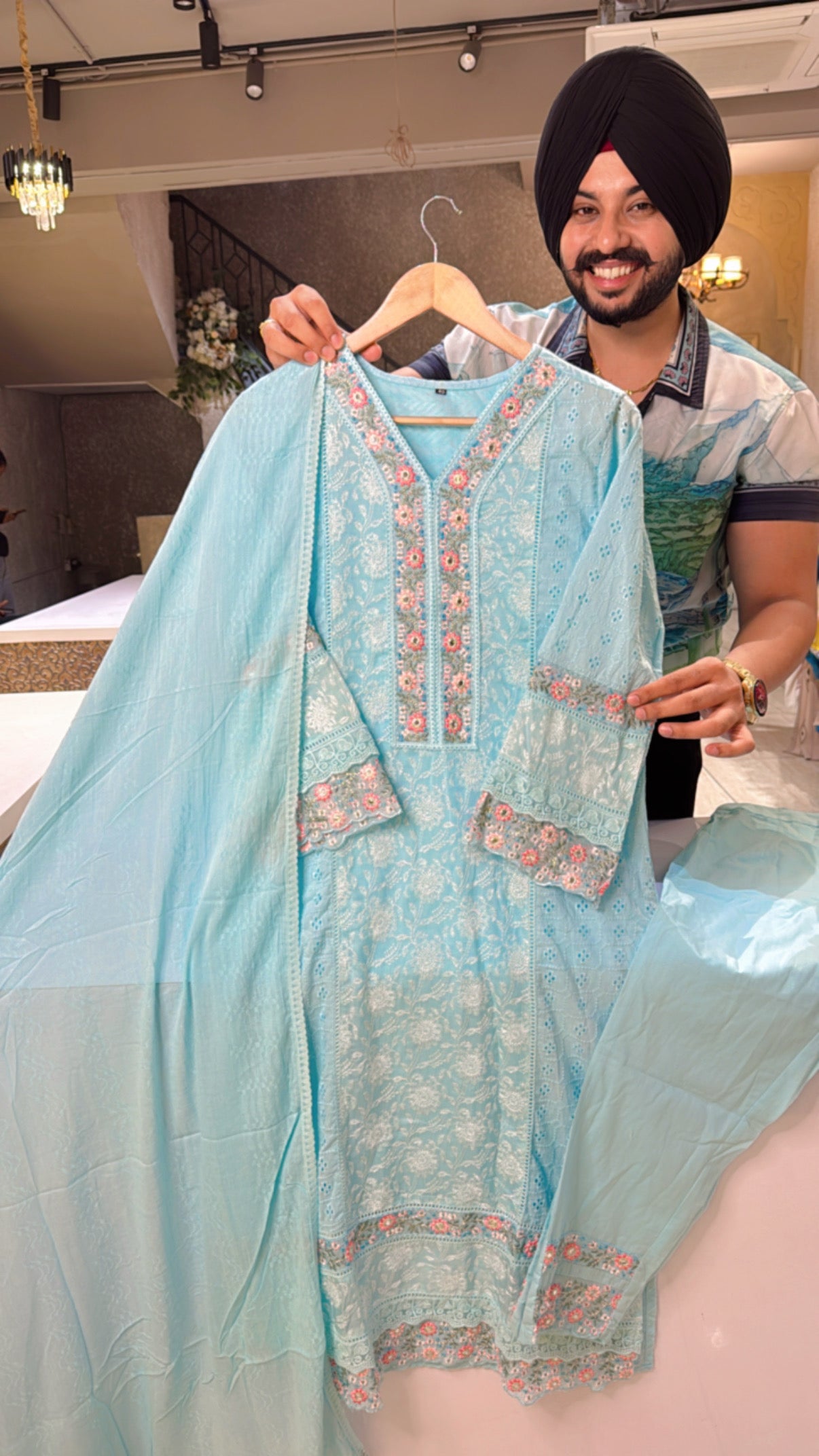 Sky Blue Pure Cotton Embroidered & Shifli Work Pakistani suits