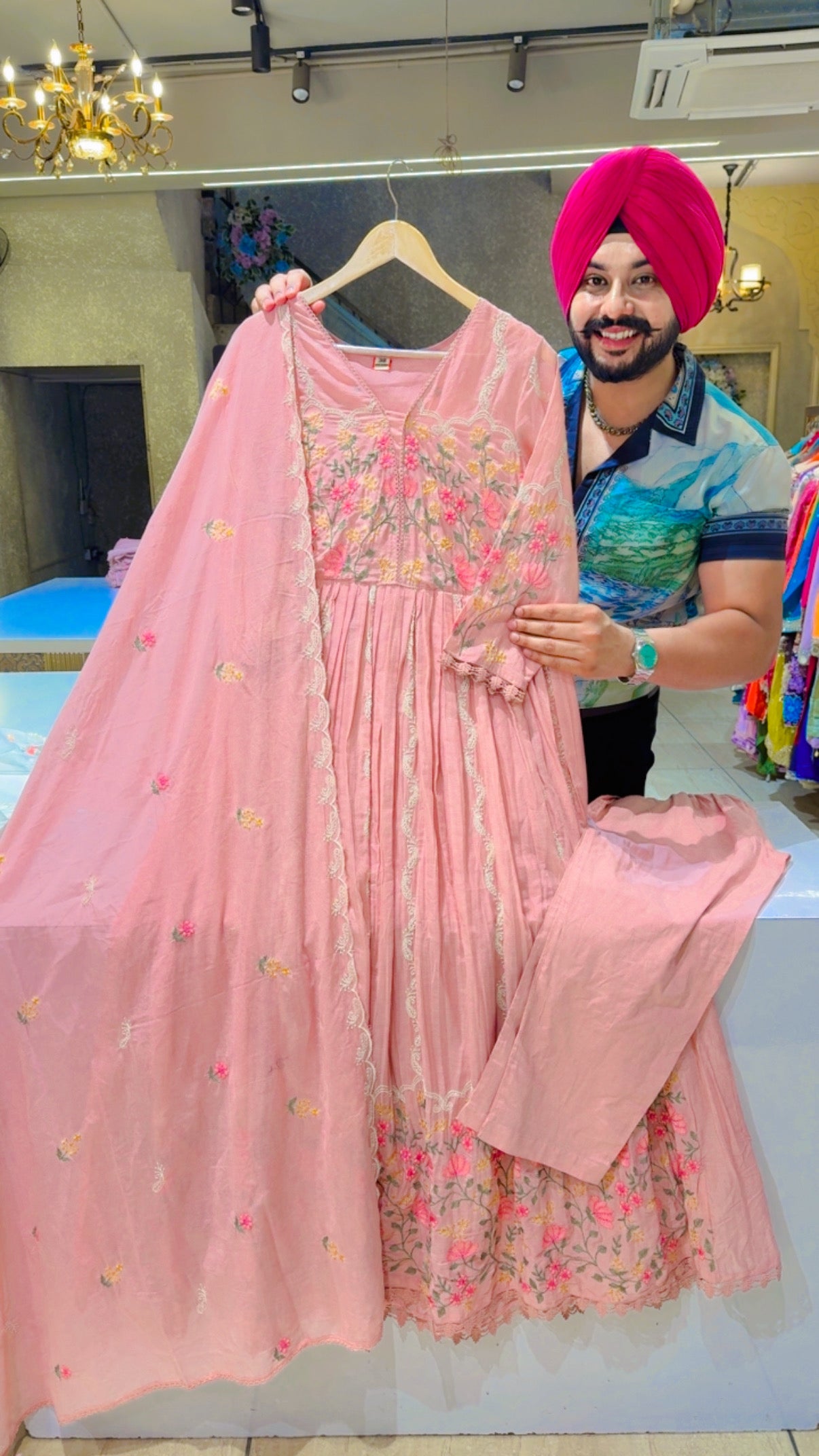 Pastel Pink Fully Embroidered Full Flair Front Gathering Anarkali Suit with Mal Cotton Embroidered Duppata