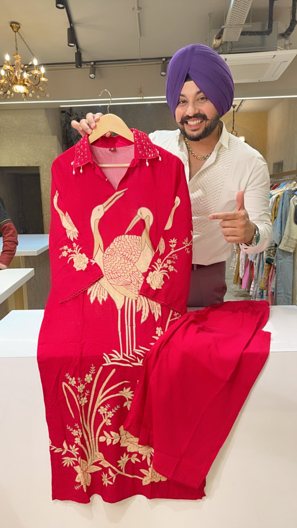 Rani Pink Rayon Flamingo Print Long Length Coord set with Sleek Hand embroidery work On Collar