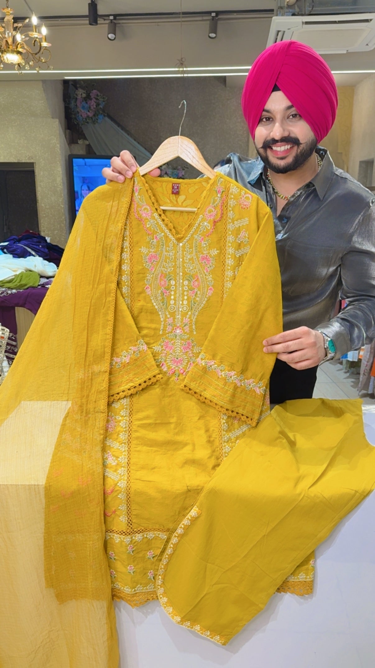 Mustard yellow Jaquard cotton Fully Embroidered Party Wear Suit with Embroidered Pants & Kota Doria Duppata