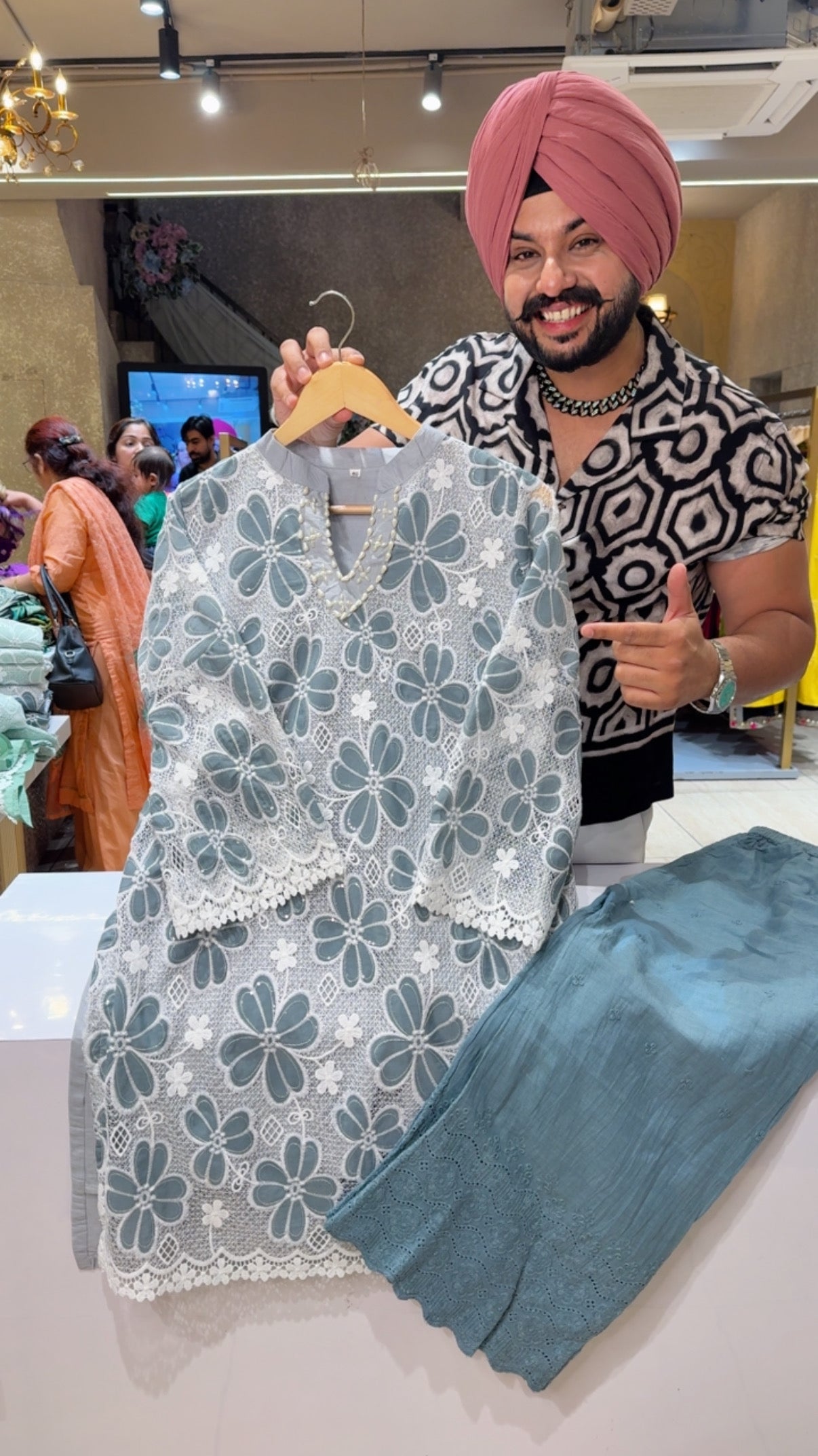 English Grey Cotton Designer Crochet Lace Coord set with Pearl Handwork on Neck & Chickenkaari pants