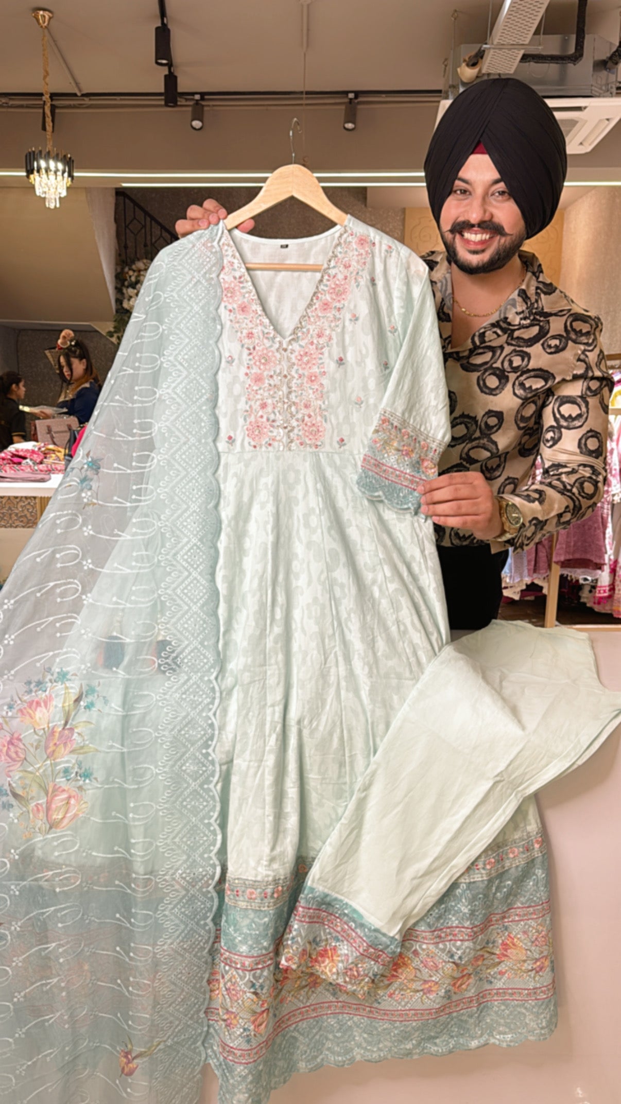 Light Sea Green jacquard Cotton Full Flair embroidered Anarkali suit With organza Duppata
