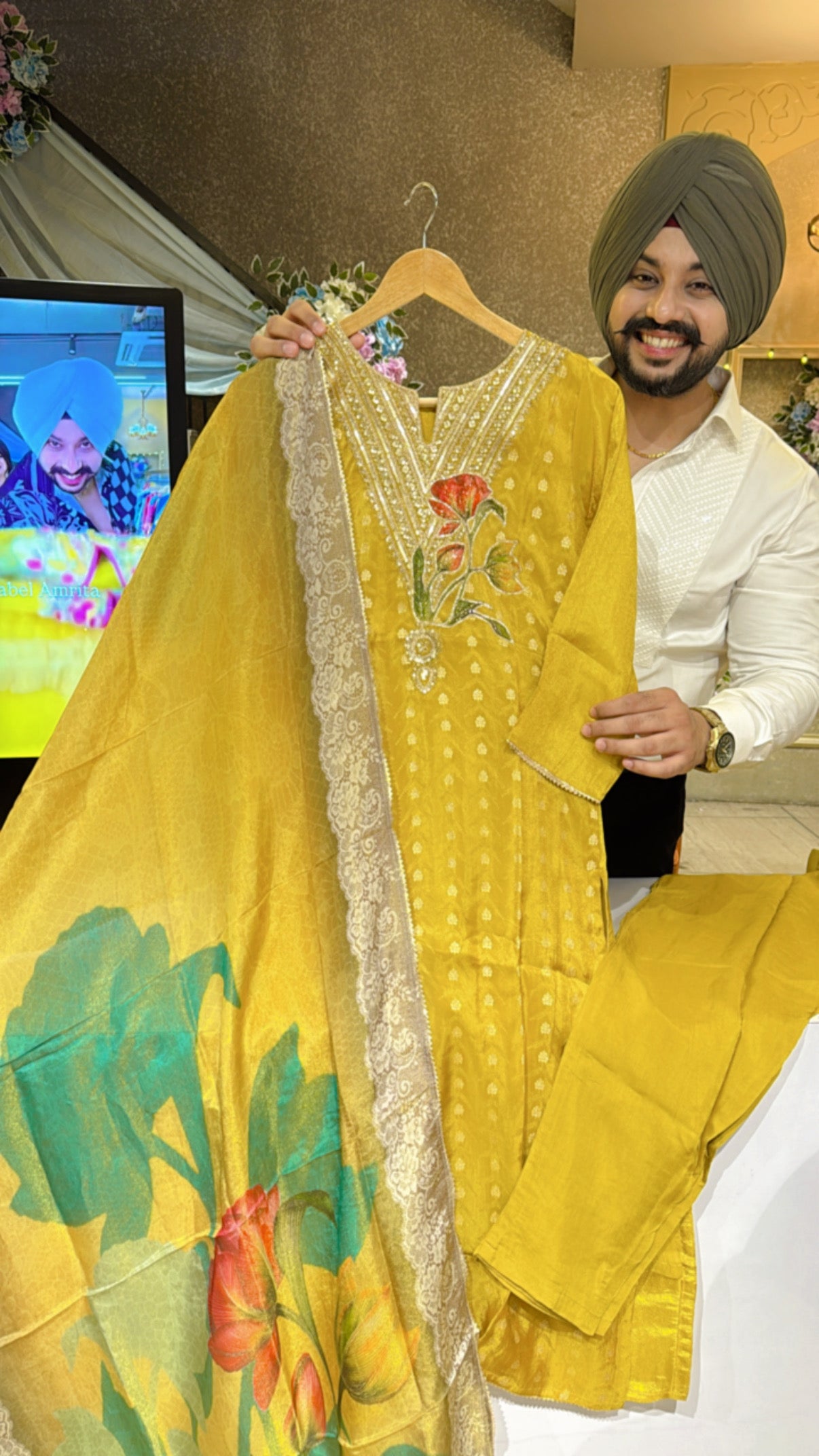 Goldenish Yellow Shimmer Soft Organza Embroidered Straight Suit with Silk Duppata