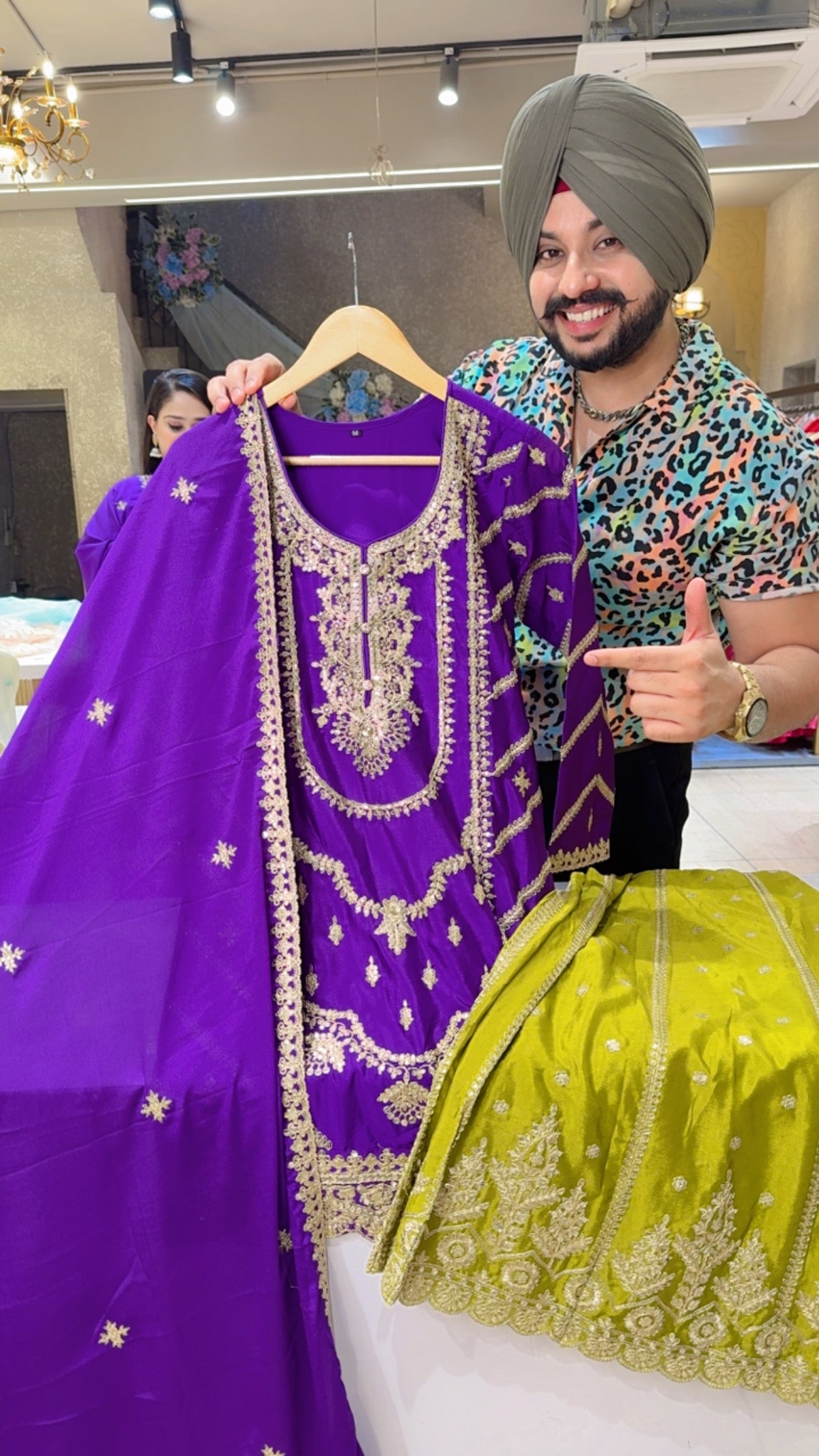 Purple & Green Chinon Heavy Embroidered Full Flair Party Wear Sharara suit