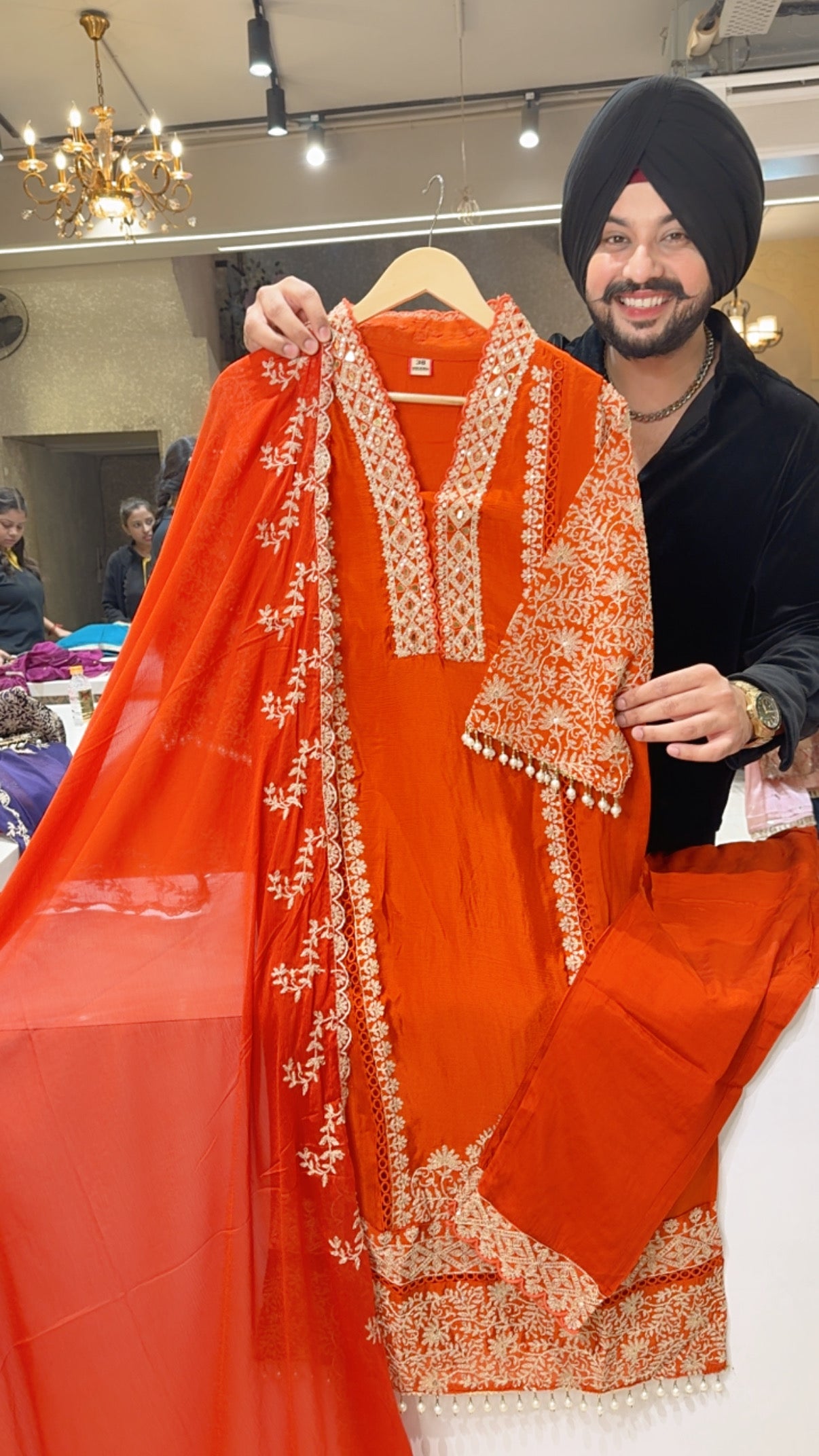 Rusty Orange Chinon Heavy embroidered & Pearl Work Straight Suit with Beautiful Duppata