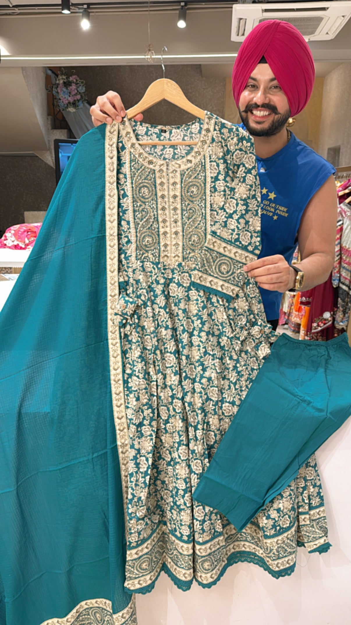 Rama Green Pure Cotton Full Flair Anarkali Suit with Hand embroidery work on neck & Kota Doria Duppata