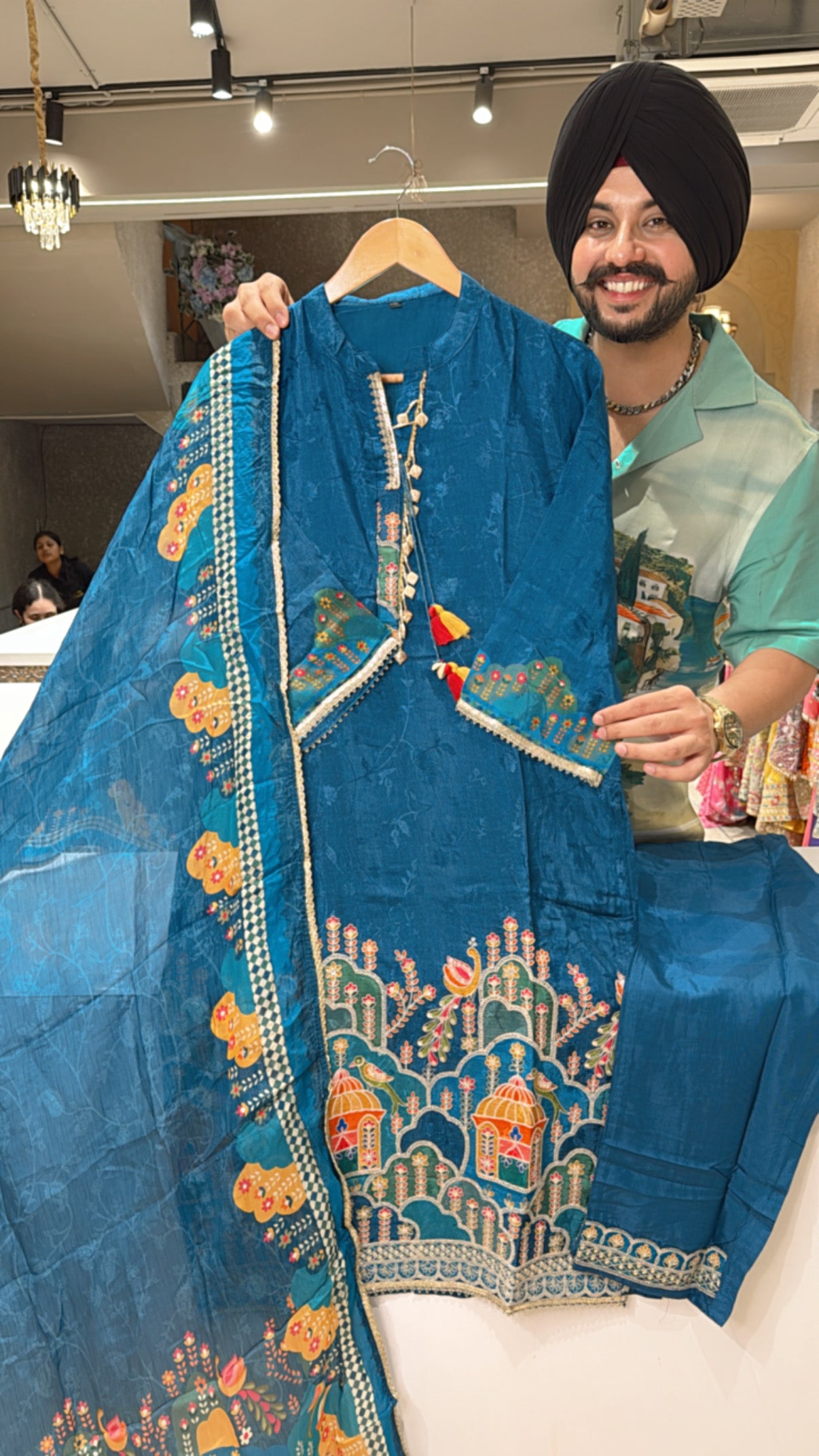 Teel Blue Jacquard Silk Party Wear Straight Suit with Beautiful Embroidered Work on Border