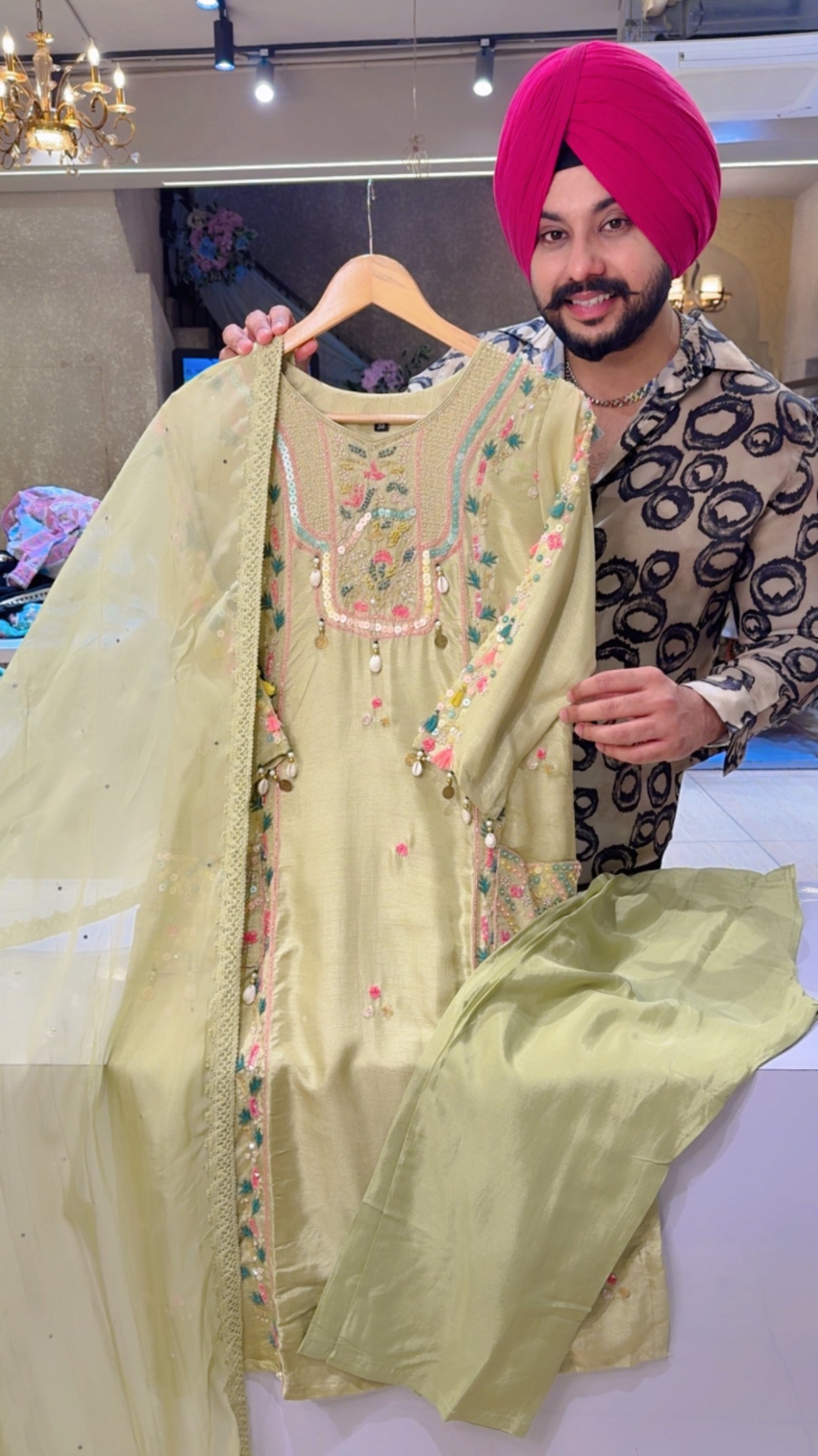 Pista Dola Silk Party Wear Straight Suit with Hand embroidery Work on Neck & Pockets