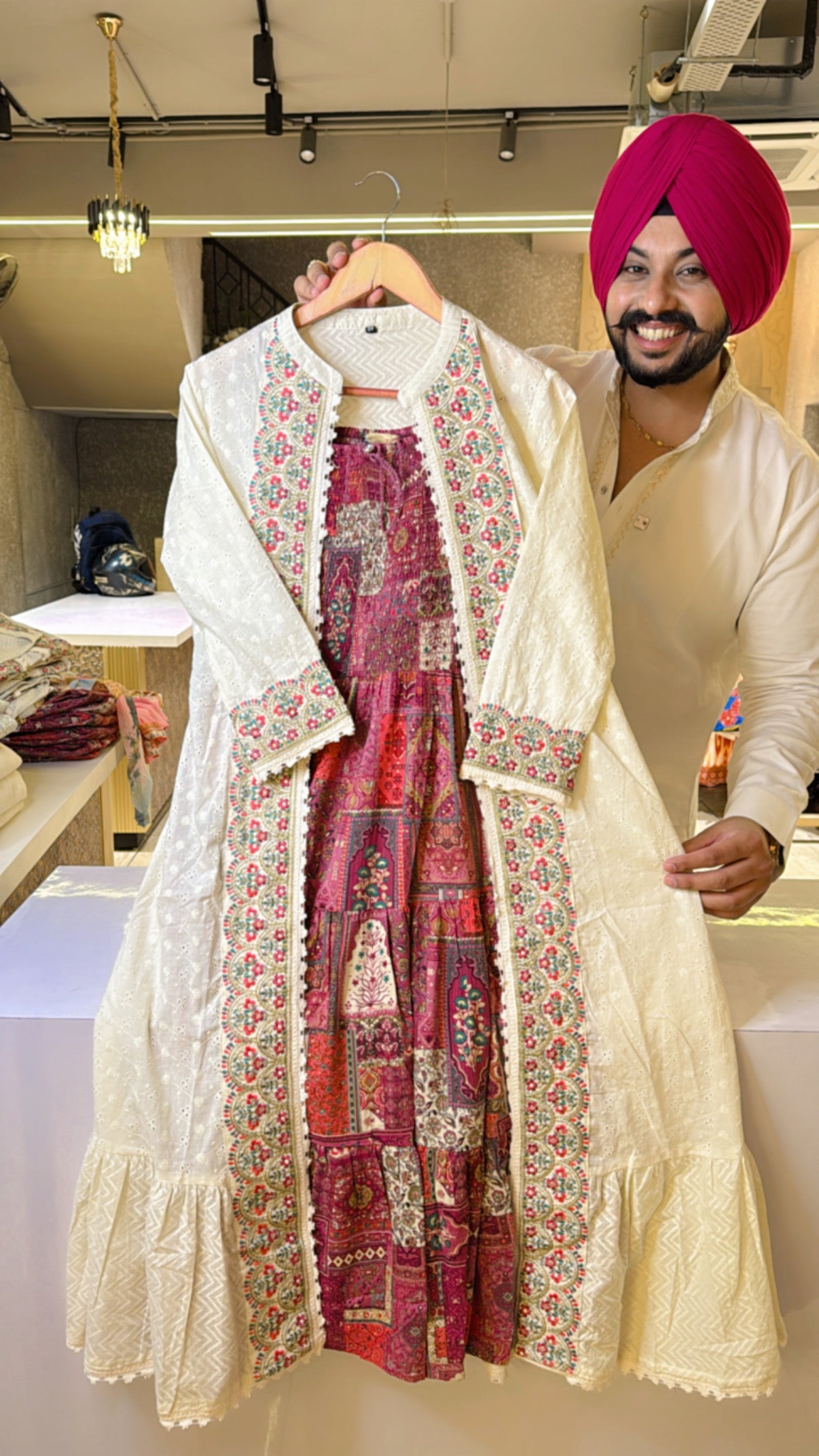 Maroonish Wine Rayon Indowestern Dress With Off White Pure Cotton Embroidered Shrug