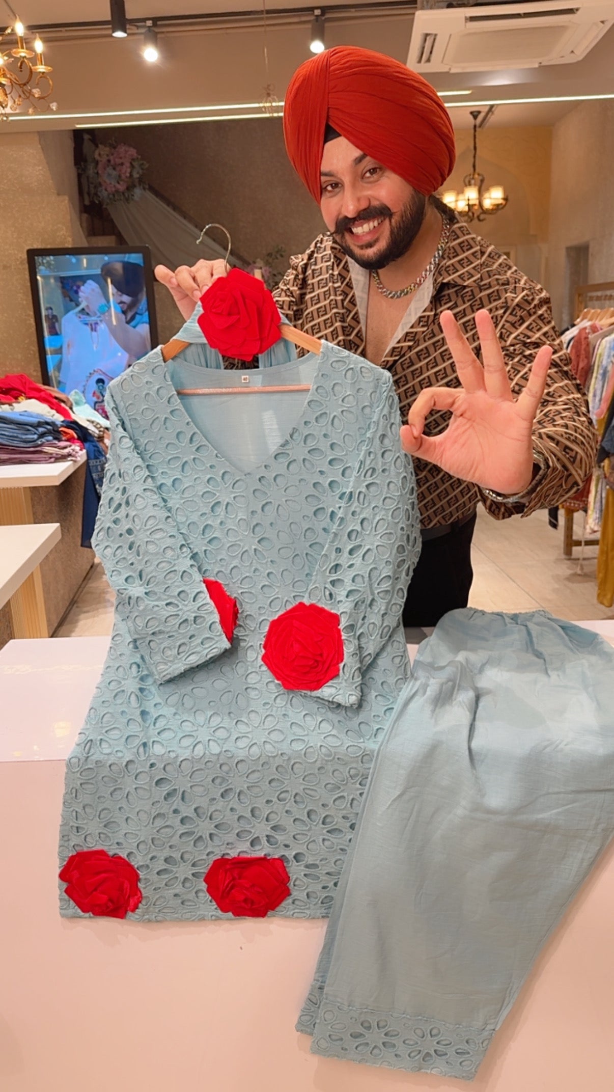 Powder Blue Cotton Designer Rose PatchWork & Shifli Cutwork Farshi Salwar Necklace Duppata Suit
