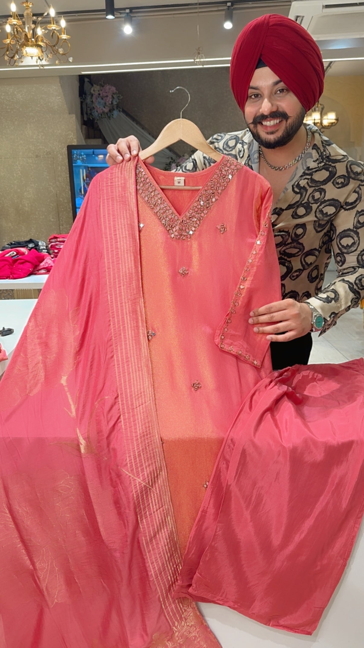 Pink shimmer Silk Mirror & Hand Embroidered Party Wear suit with Banarasi Look Duppata