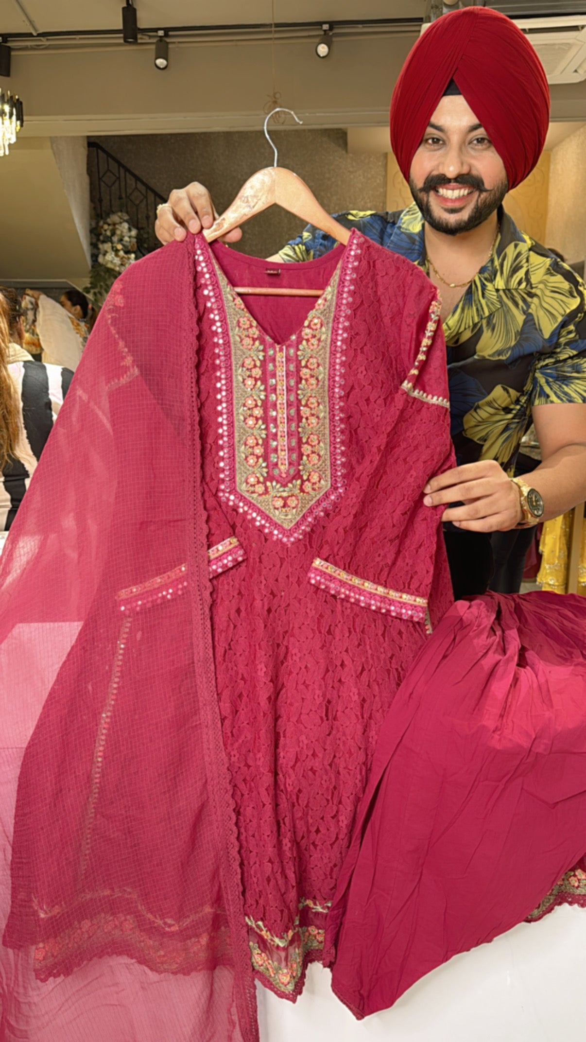 Beetroot pink Crochet Lace Indo western Paplum Dhoti Suit with Kota Doria Duppata