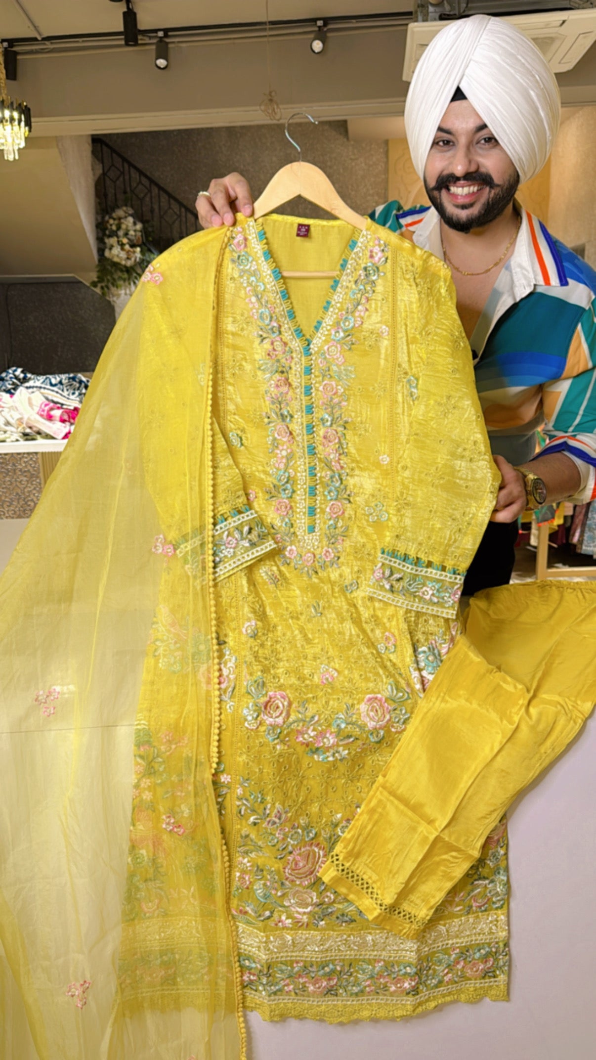 Yellow Premium Crush Organza Heavy Embroidered & Cut work Pakistani Suit
