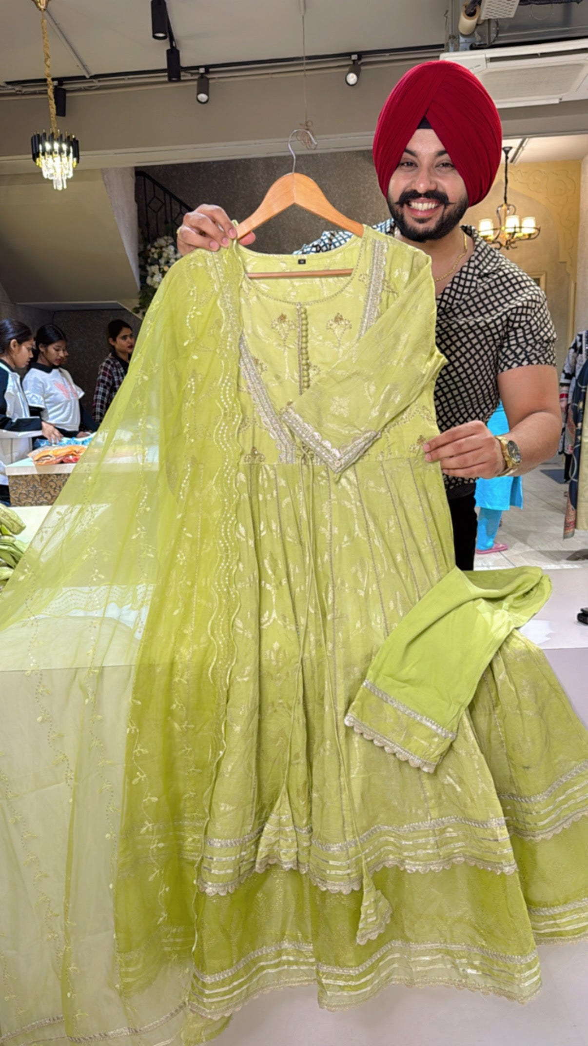 Mint Green Pure Cotton Full Flair Anarkali Suit with Hand Embroidery on neck & Sequins work organza Duppata