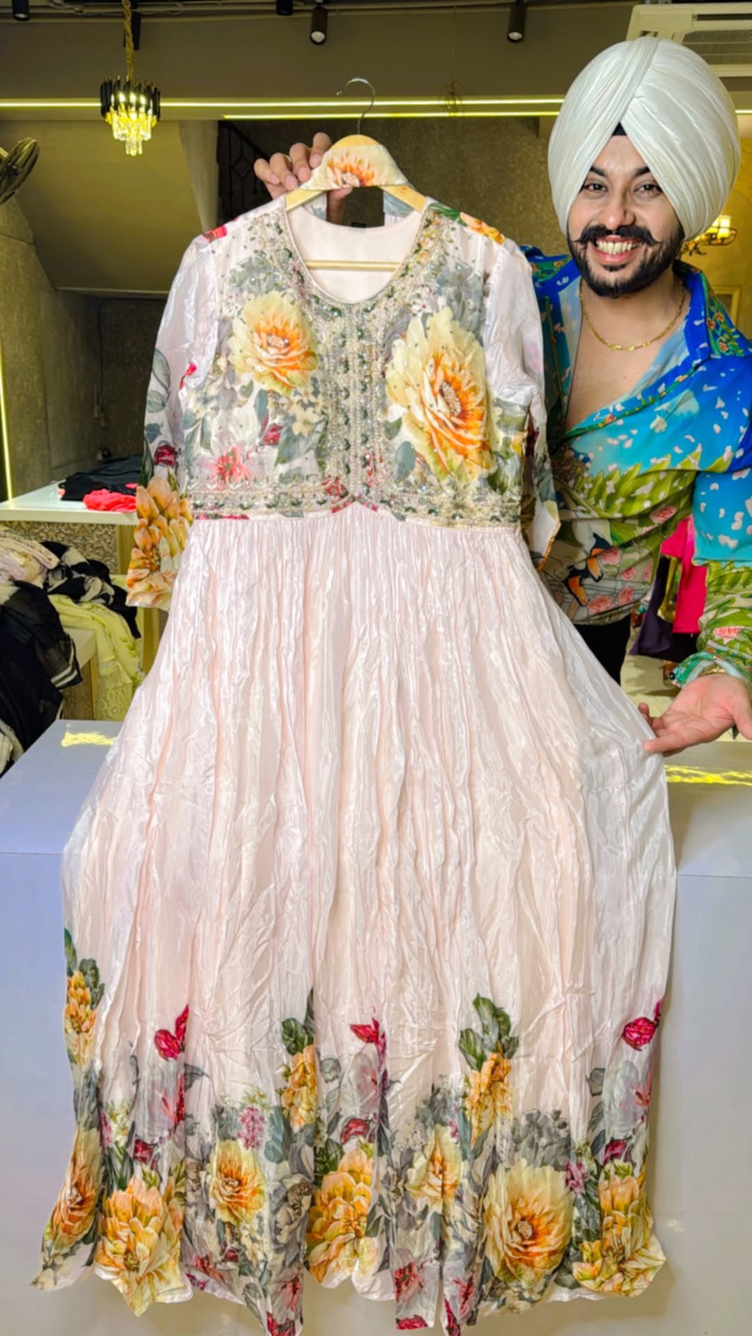 Nude Pink Premium Chinon Floral Print Anarkali Gown With Beautiful Hand embroidery Work on neck & stylish Necklace Duppata