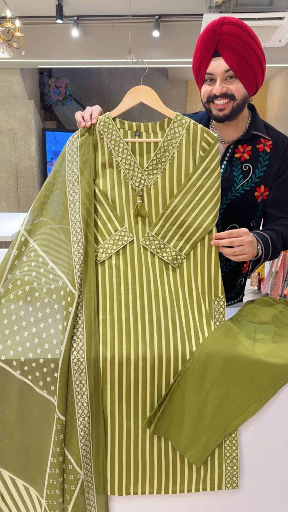 Green Soft Cotton Stripped Office Wear straight Suit with Sleek Hand work on neck