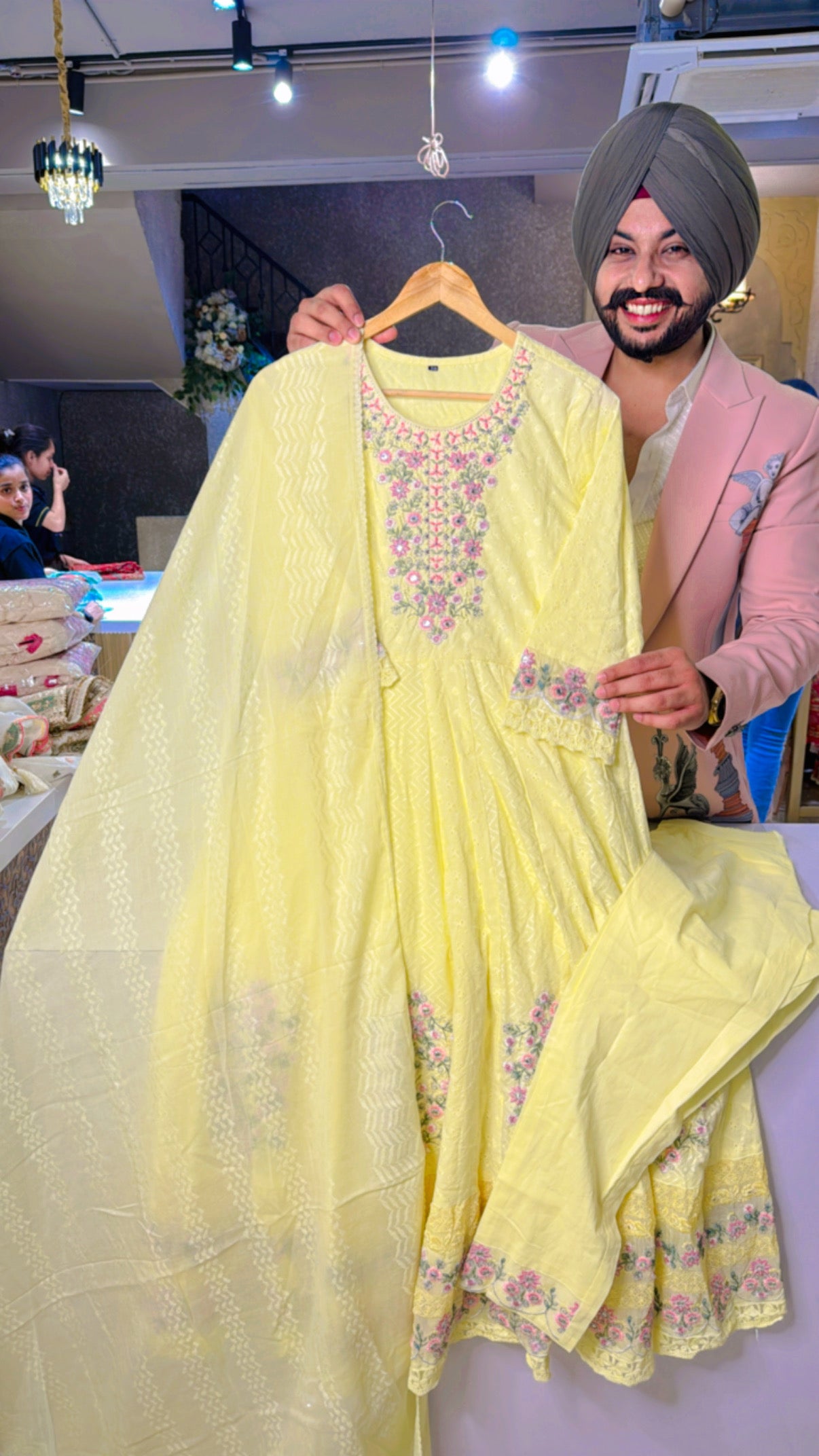 Lemon Yellow Pure Cotton Embroidered & Shifli Work Anarkali Suit with Beautiful Duppata