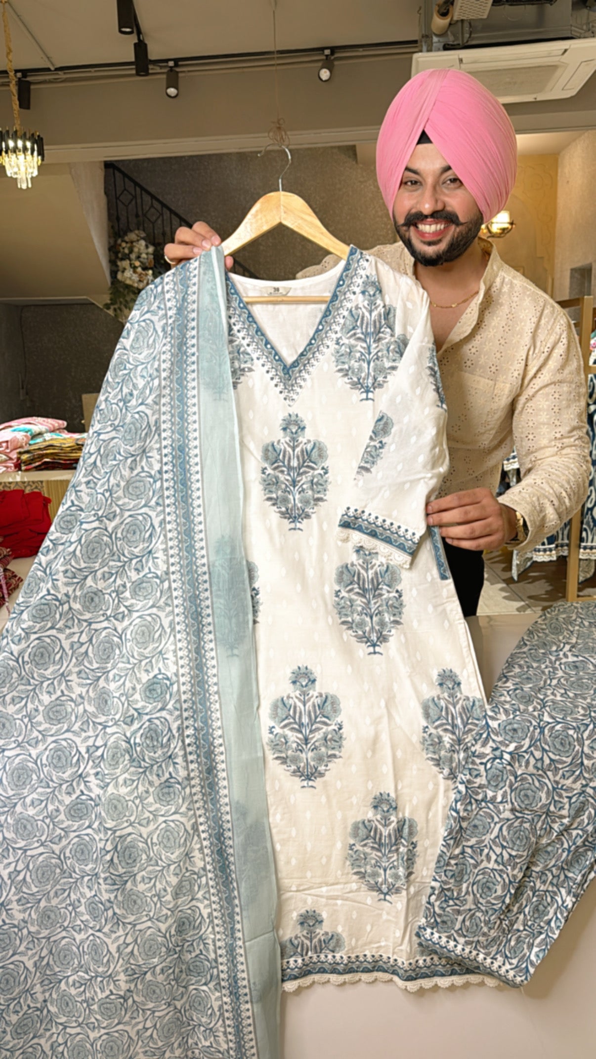 Off White & Blue Pure Cotton Summerish office Wear Pathani Suits