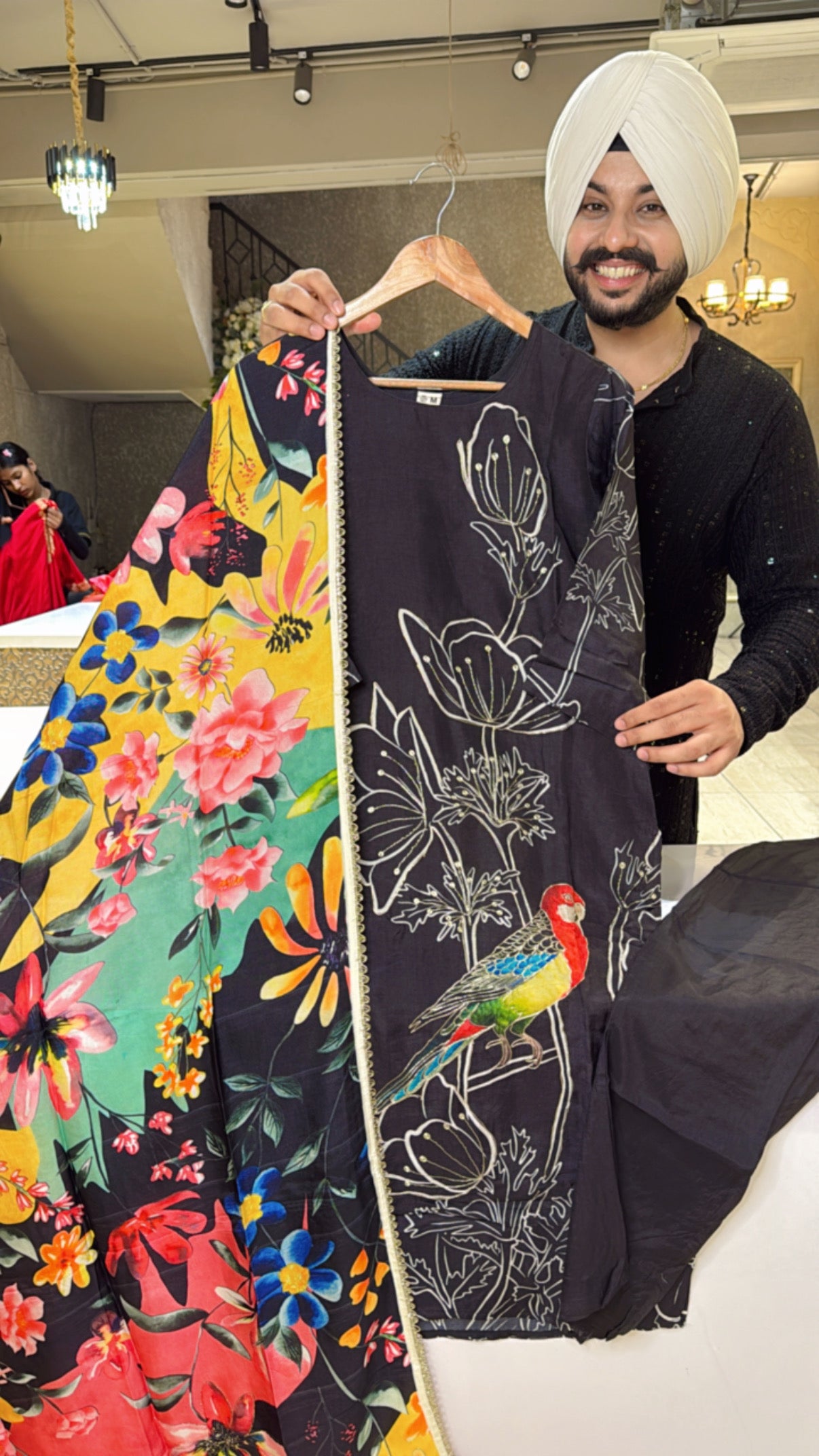 Black muslin silk Macaw print Straight Suit with beautiful Foral print Duppata
