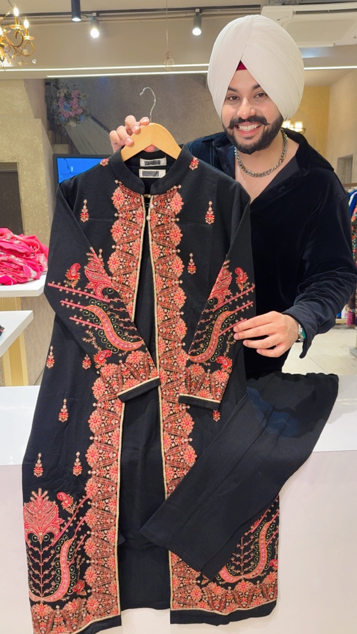 Black Woolen Long length Coord set With Heavy Kashmiri Embroidered Shrug