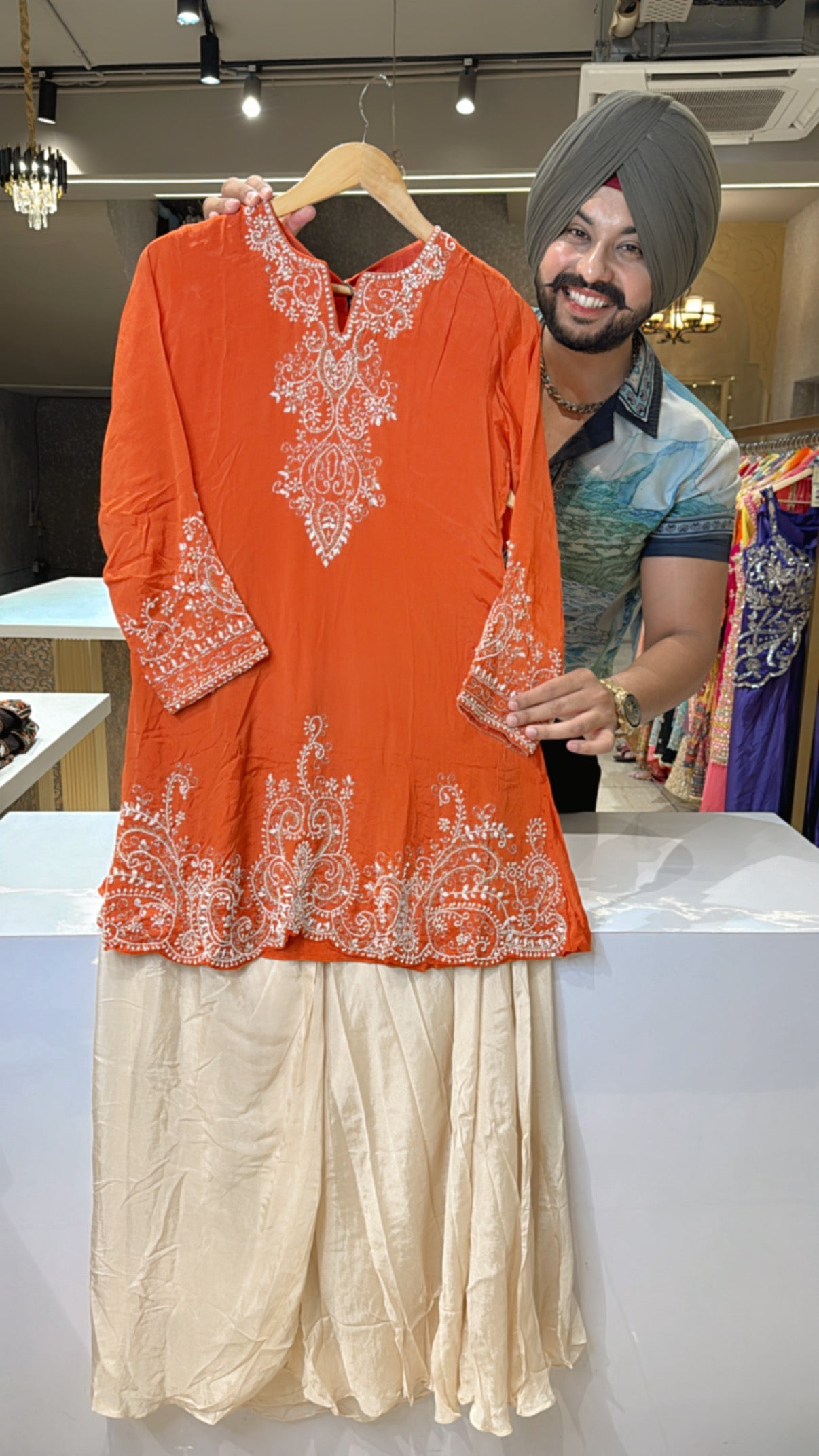 Rusty Orange Pure Chijon Heavy Hand Embroidered Short Kurti With Designer Drape Skirt