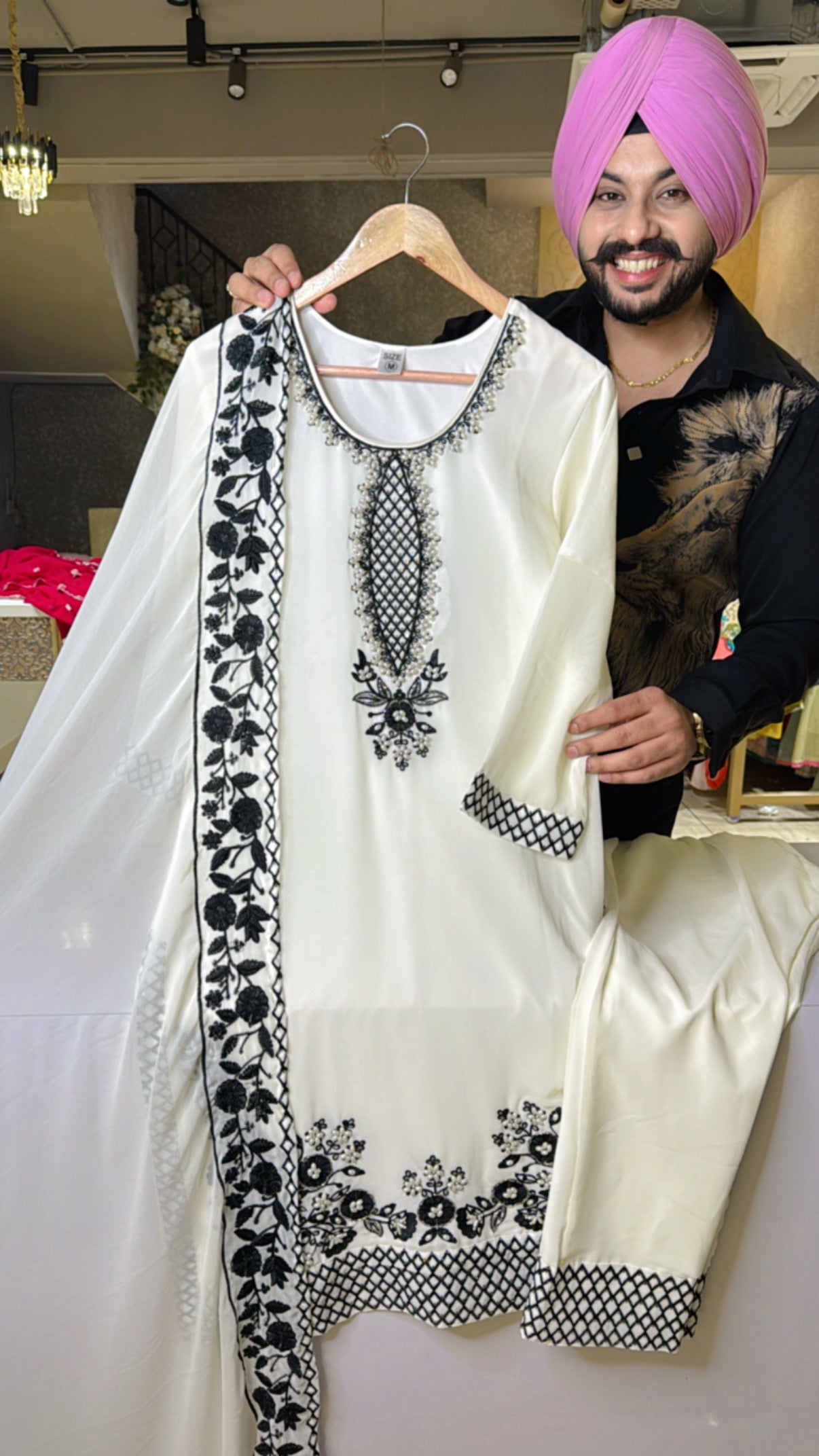White Georgette Heavy embroidered & Pearl Work Kashmiri Suit
