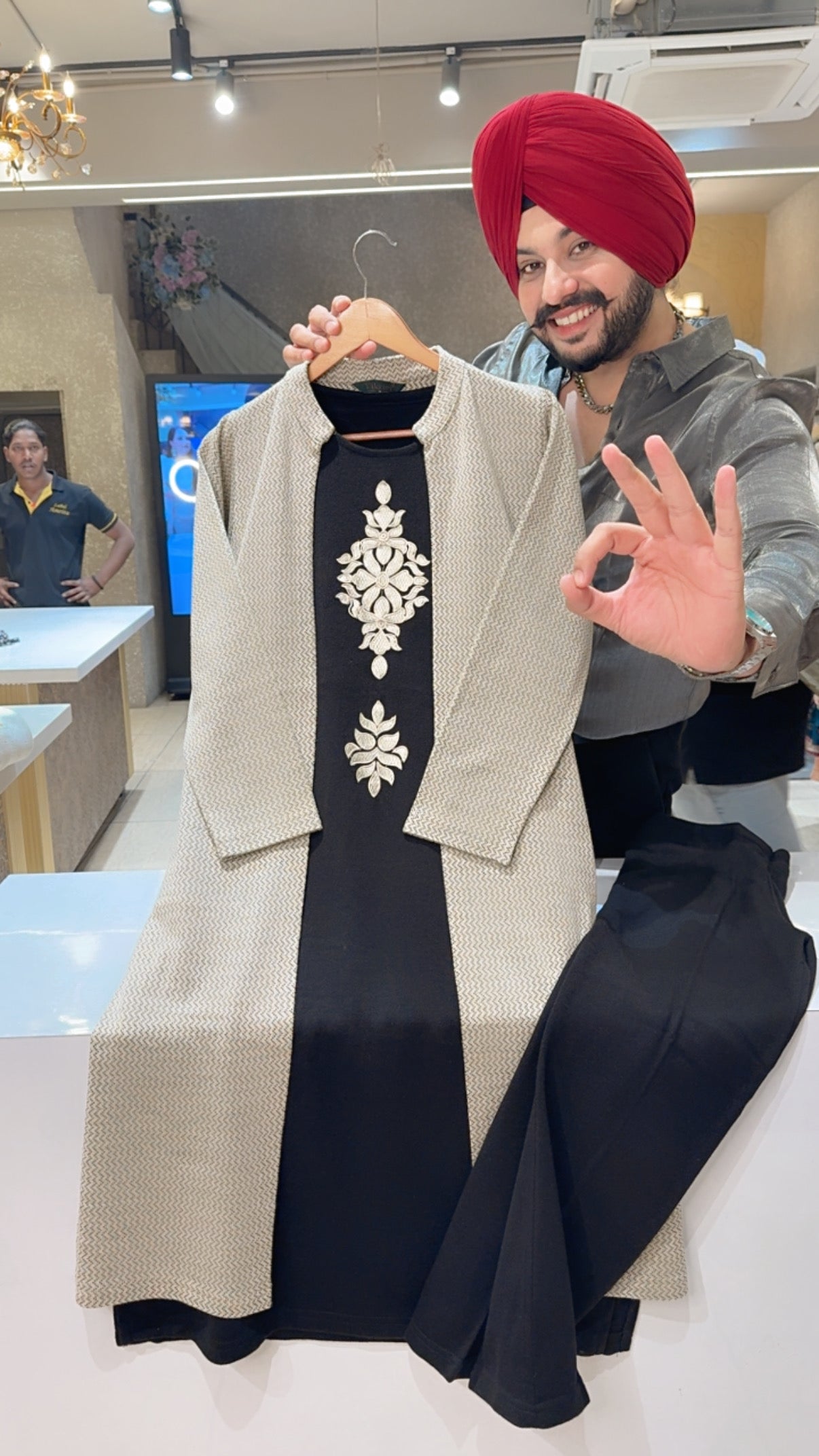 English Beige & Black Soft Woolen Embroidered Long Length Coord set with Stylish woolen Shrug