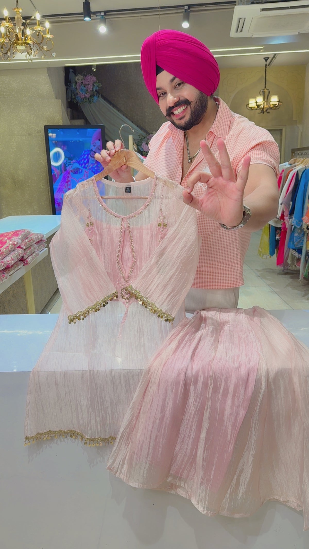 Baby Pink Salsa Fabric Hand embroidered Long Length Bell bottom Sharara Coord set
