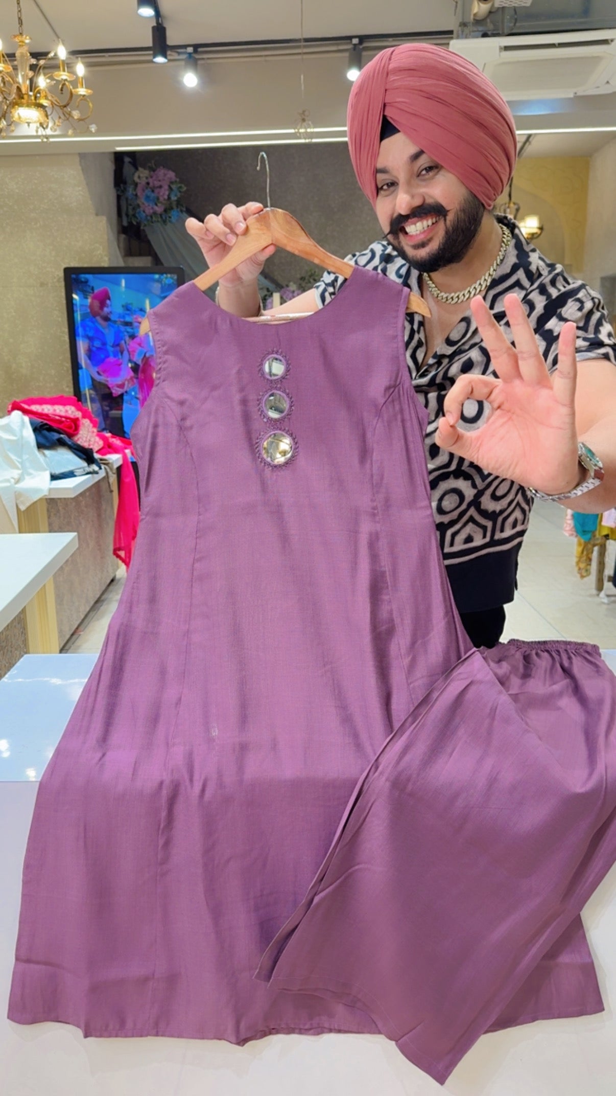 Mauve Mirror work Long Length A-line Cut sleeves Coord set