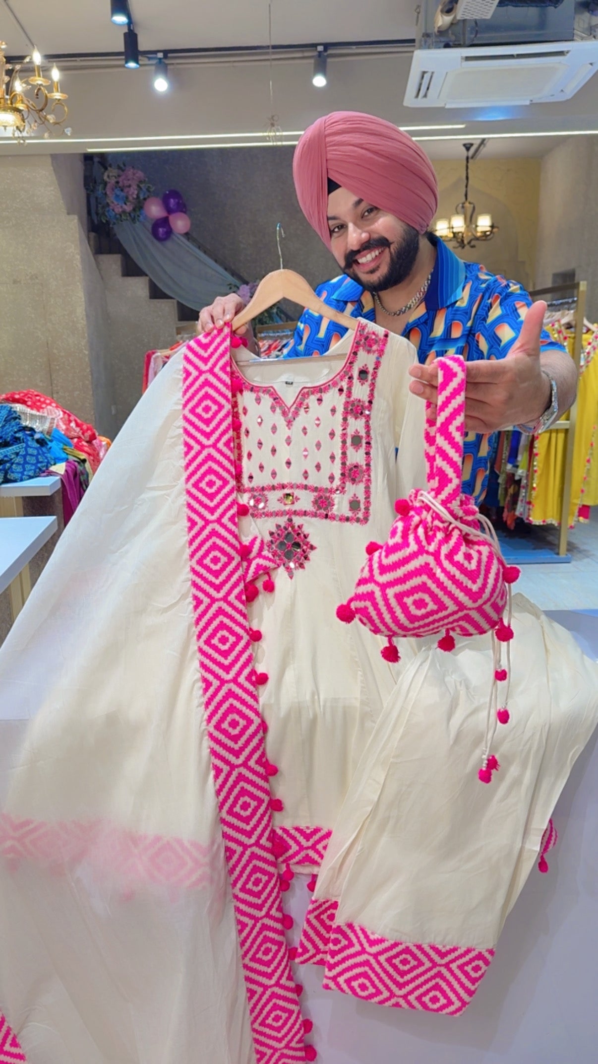 Off White & Pink Kora Cotton Mirror & Designer Lace work Pom-Pom Paplum Farshi Salwar Suit with Cute Potli