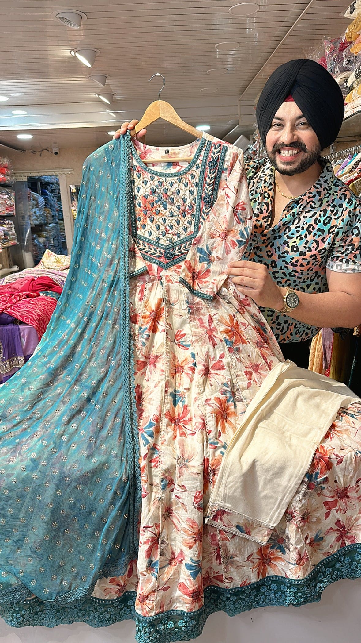 Cream & blue pure Cotton Full Flair Anarkali suit with Beautiful Duppata & handwork on neck