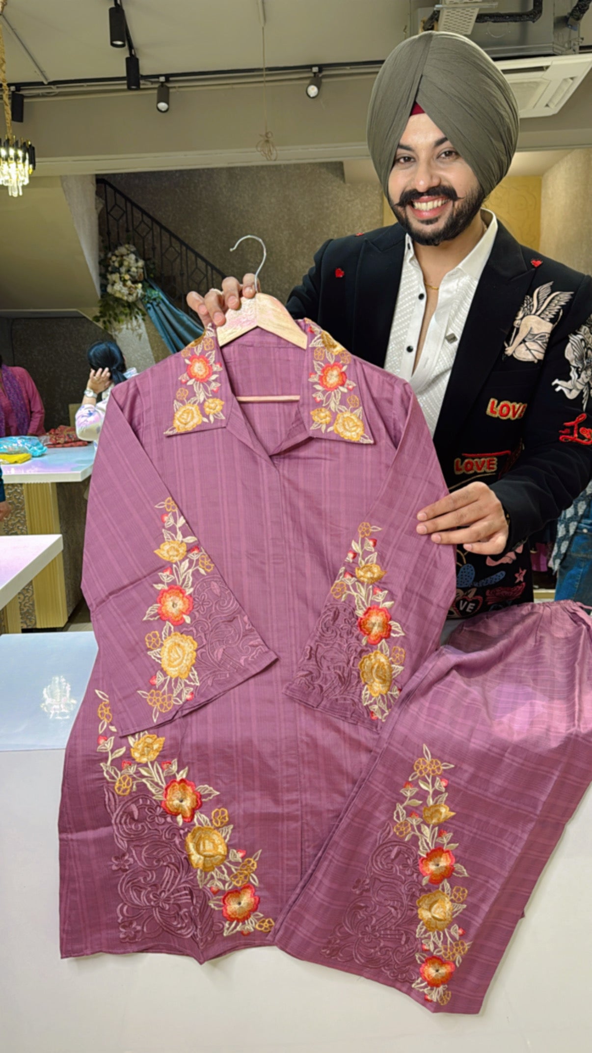 Onion pink Collar neck imported Silk Embroidered Coord set with Stylish Plazo