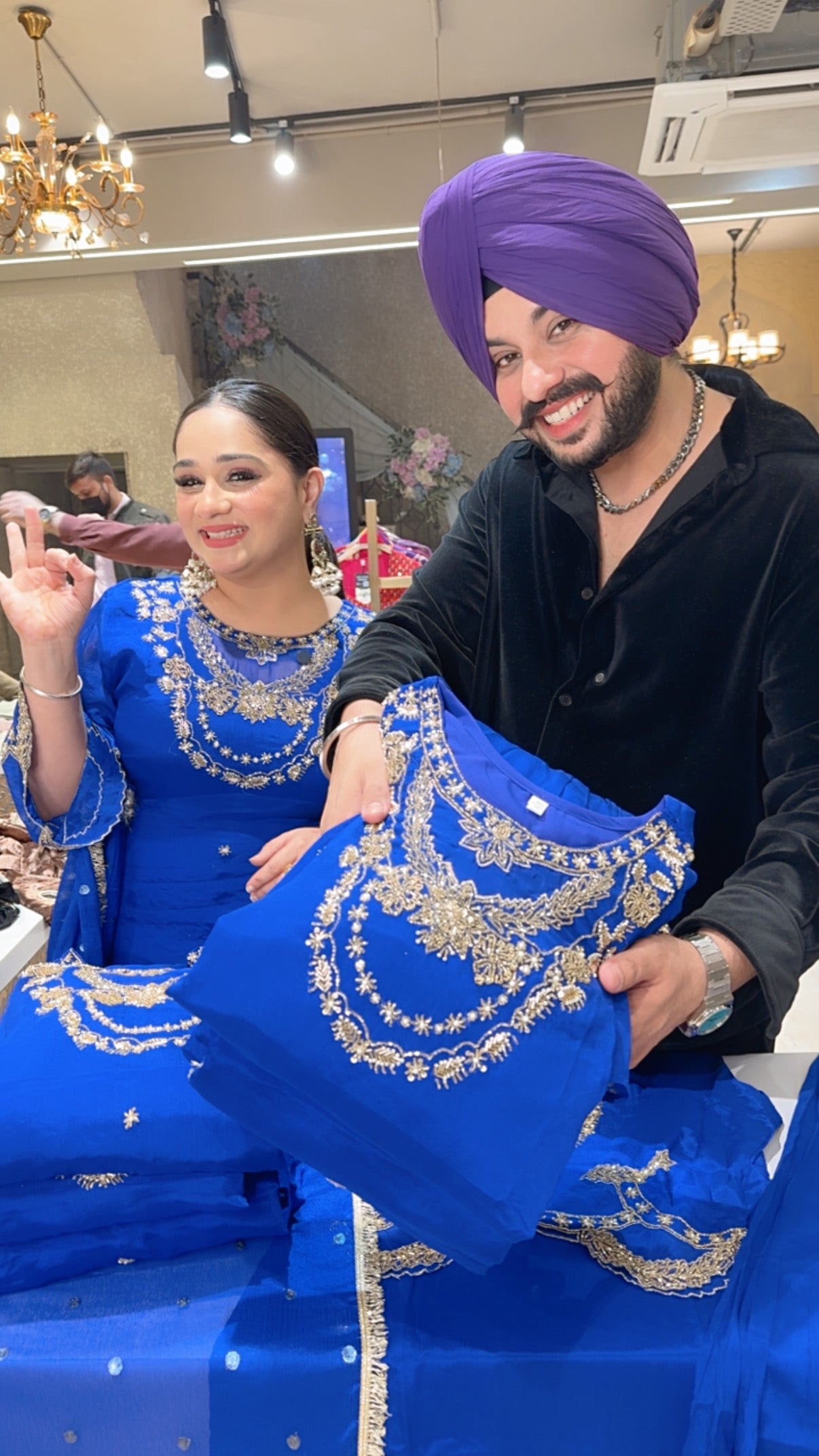 Royal Blue Chinon Party Wear Straight Suit with Hand embroidery Work on Neck & Sleeves