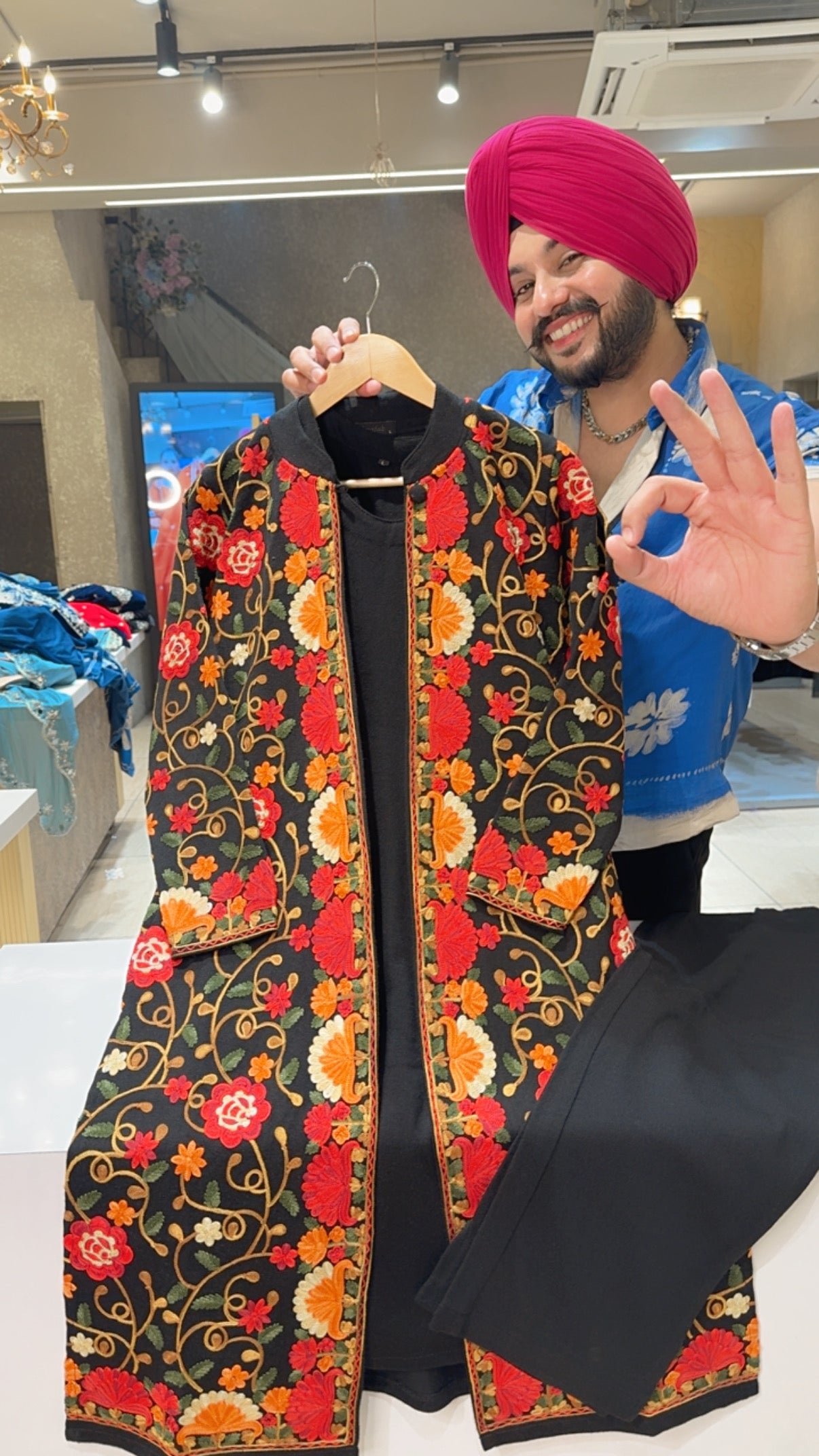 Black Woolen Long length Coord set With Heavy Kashmiri Embroidered Shrug