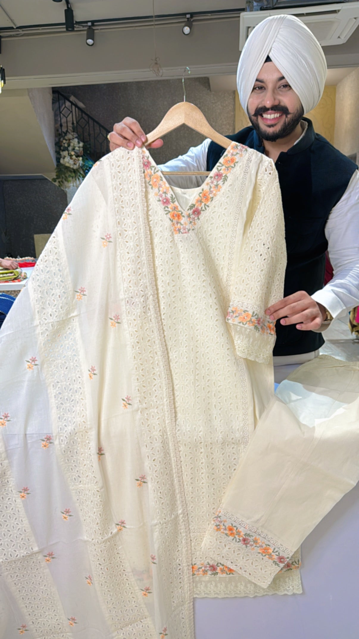 Off white Pure Kora Cotton Embroidered & Shifli Work Pakistani Suit with Beautiful Duappta