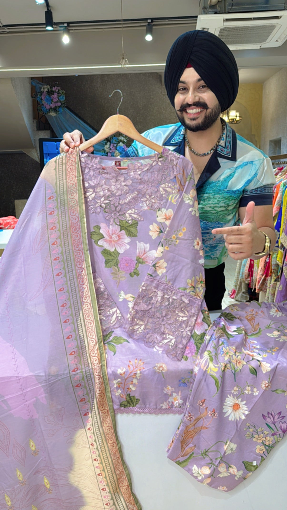 Lavender Cotton Floral Print Farshi Salwar Set with Designer Neck & Sleeves