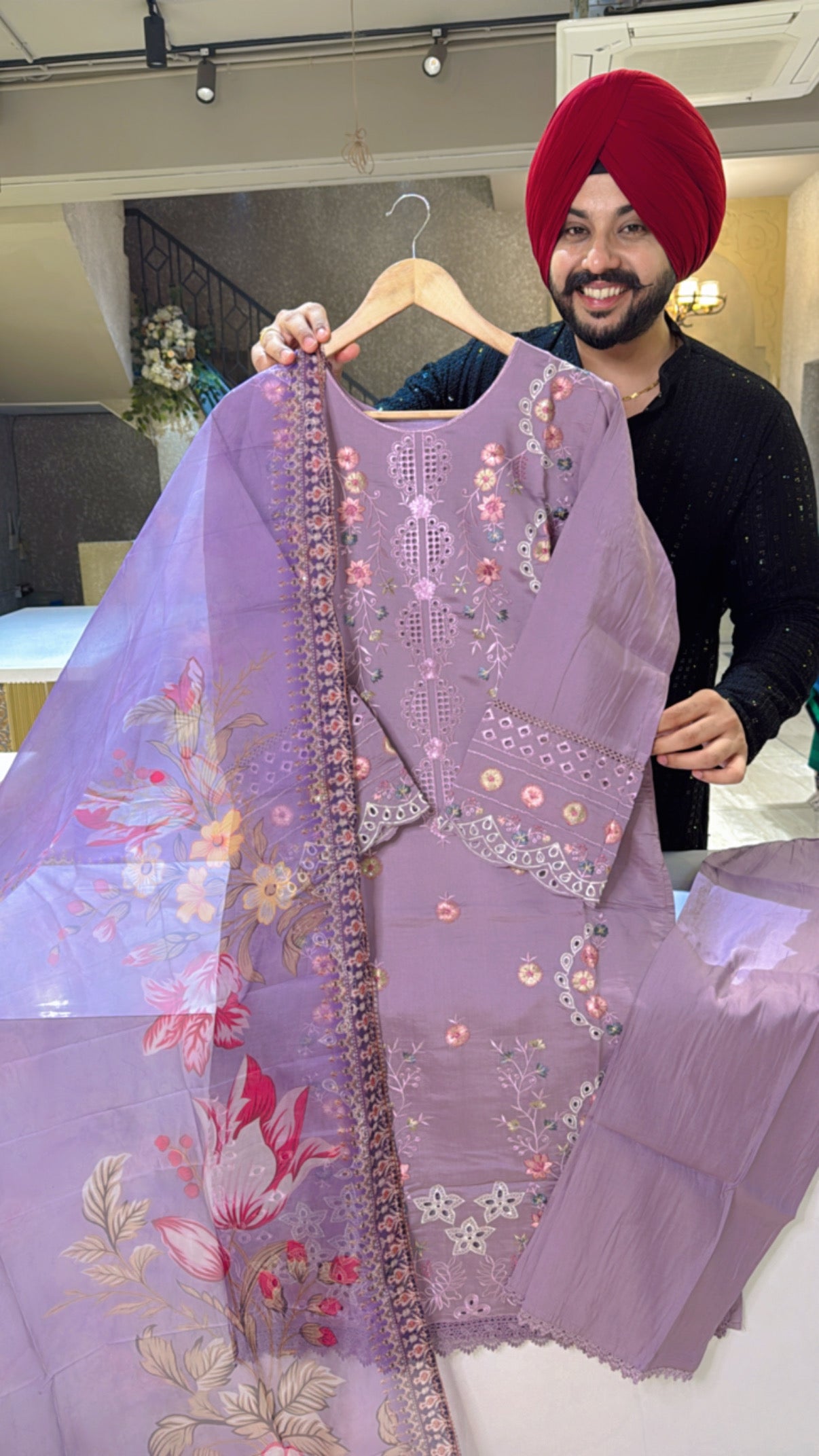 Mauve Roman Silk Embroidered & Cutwork Pakistani Straight Suit with Floral Organza Duppata