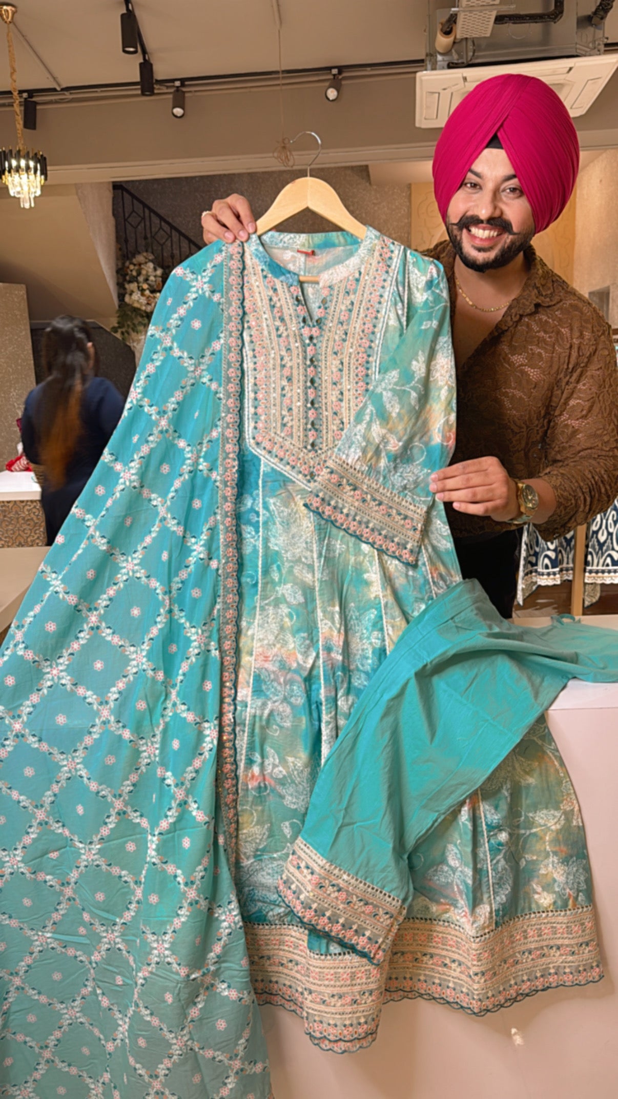 Sea Blue Pure Cotton Tie & Dye Embroidered Anarkali suit with Beautiful Dupatta