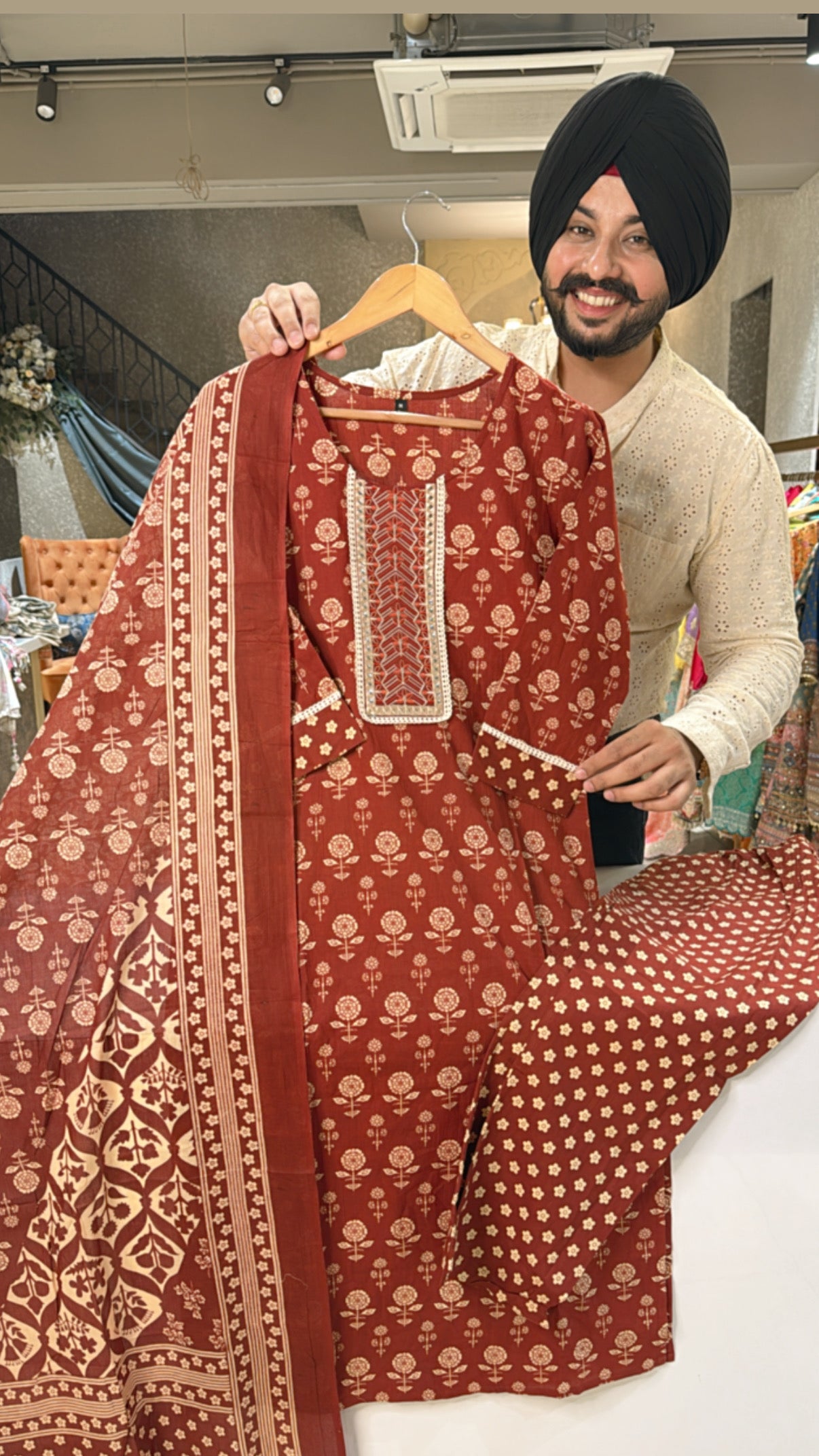 Maroon Pure cotton Office Wear suit with Sleek embroidery Work on neck