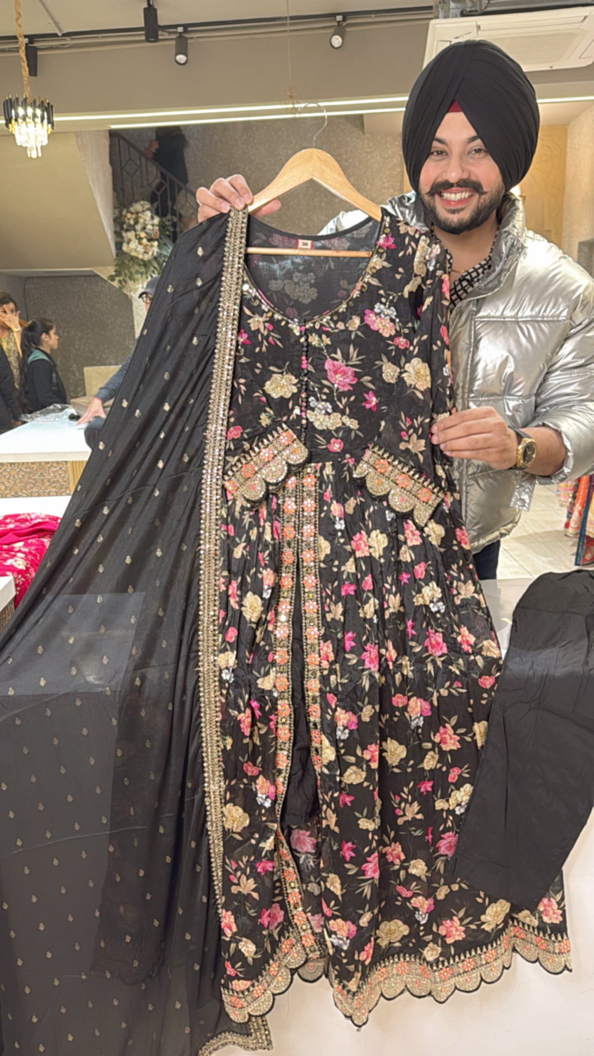 Black Chinon Front slit Anarkali suit with Beautiful Duppata