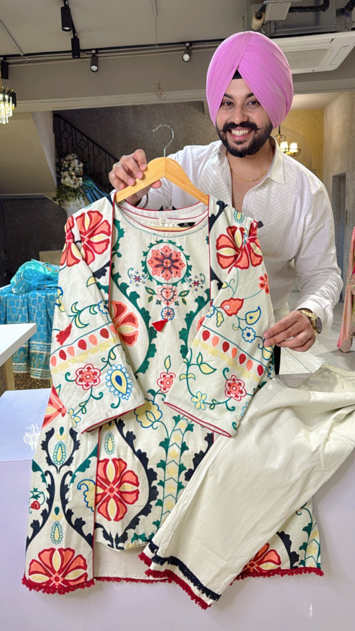 Holi special Off white & Multicolored soft Khaadi Indowestern Coord set with Stylish Short shrug
