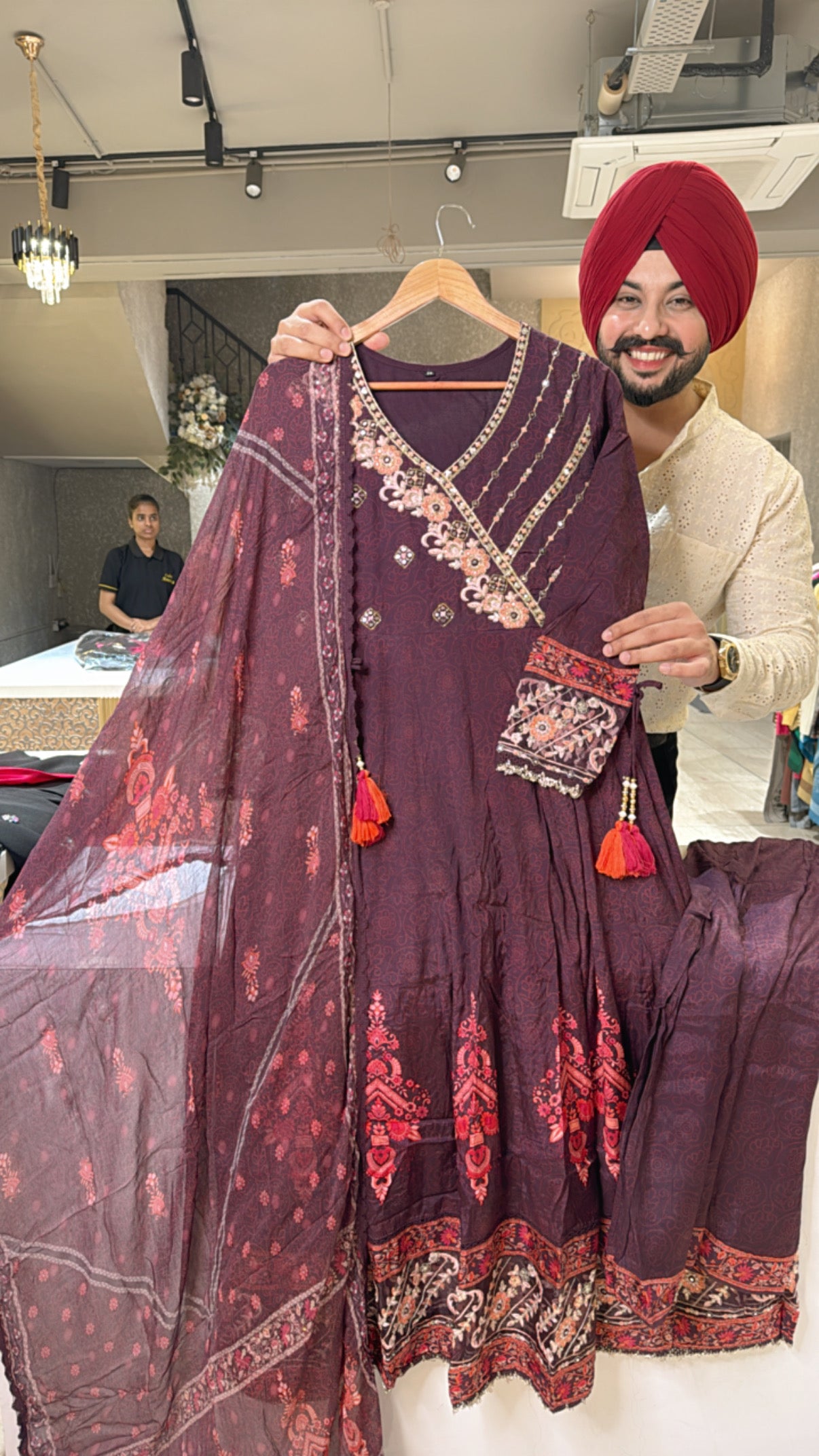 Dark Wine Muslin Silk Angrakha Anarkali Sharara Suit with Beautiful Chiffon Duppata