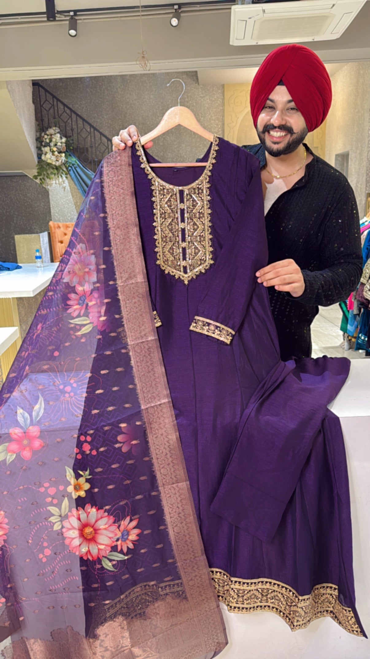 Purple Chinon Floor Length Anarkali Suit with Beautiful Organza Floral Duppata