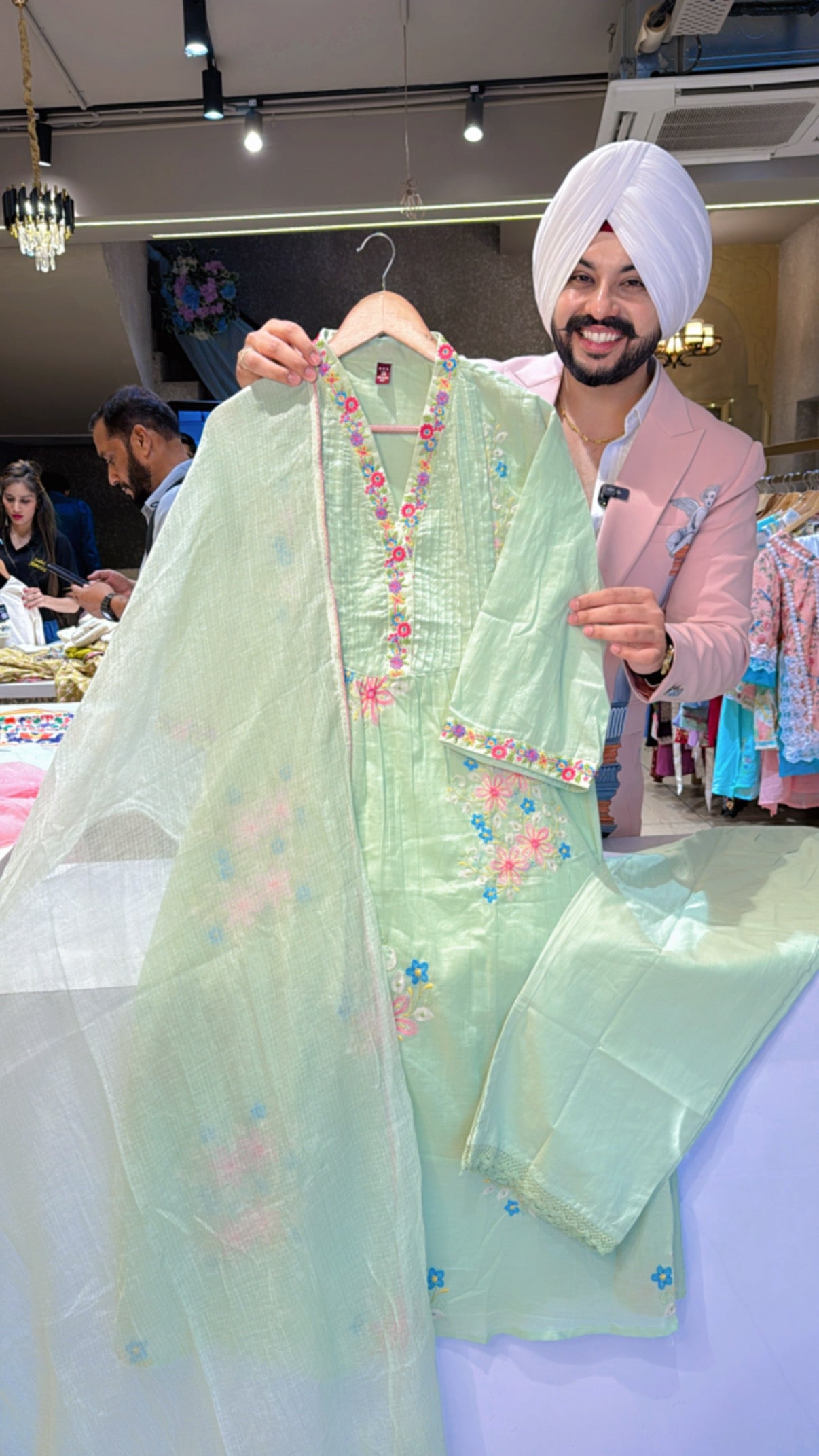 Pastel Green Pure Mal Cotton Embroidered A-line Suit with Kota Doria Duppata